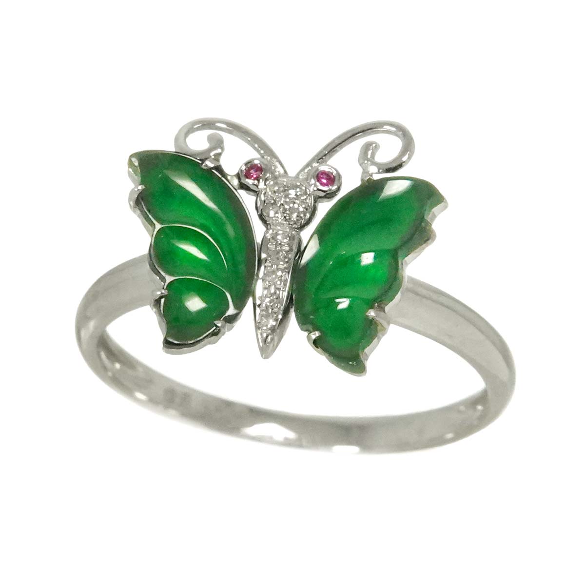 Jade Diamond Ruby Ring 18K WG White Gold 750 size6.25-6.5(US)