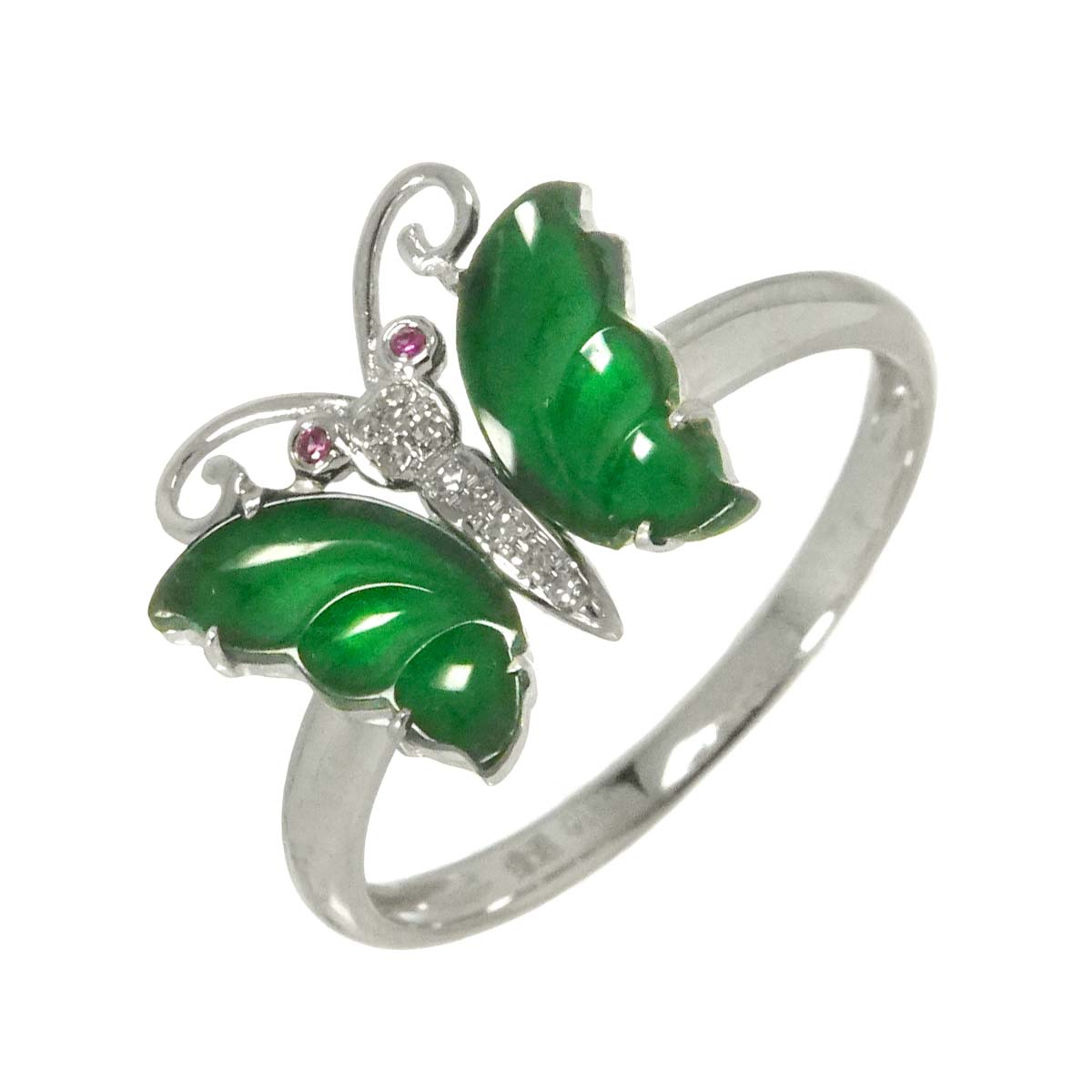 Jade Diamond Ruby Ring 18K WG White Gold 750 size6.25-6.5(US)