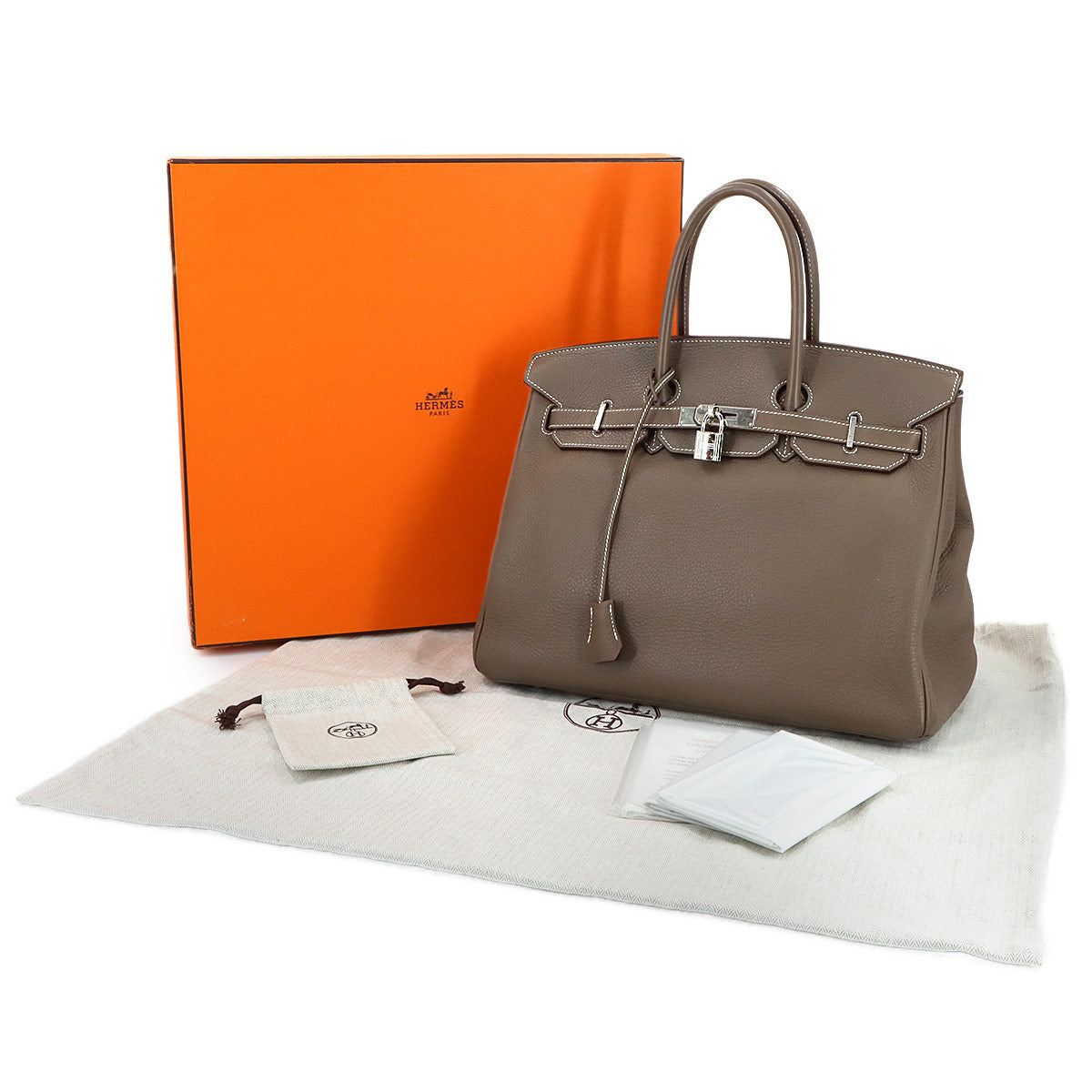 Birkin 35 Taurillon Clemence Etoupe Hand Bag Purse Beige