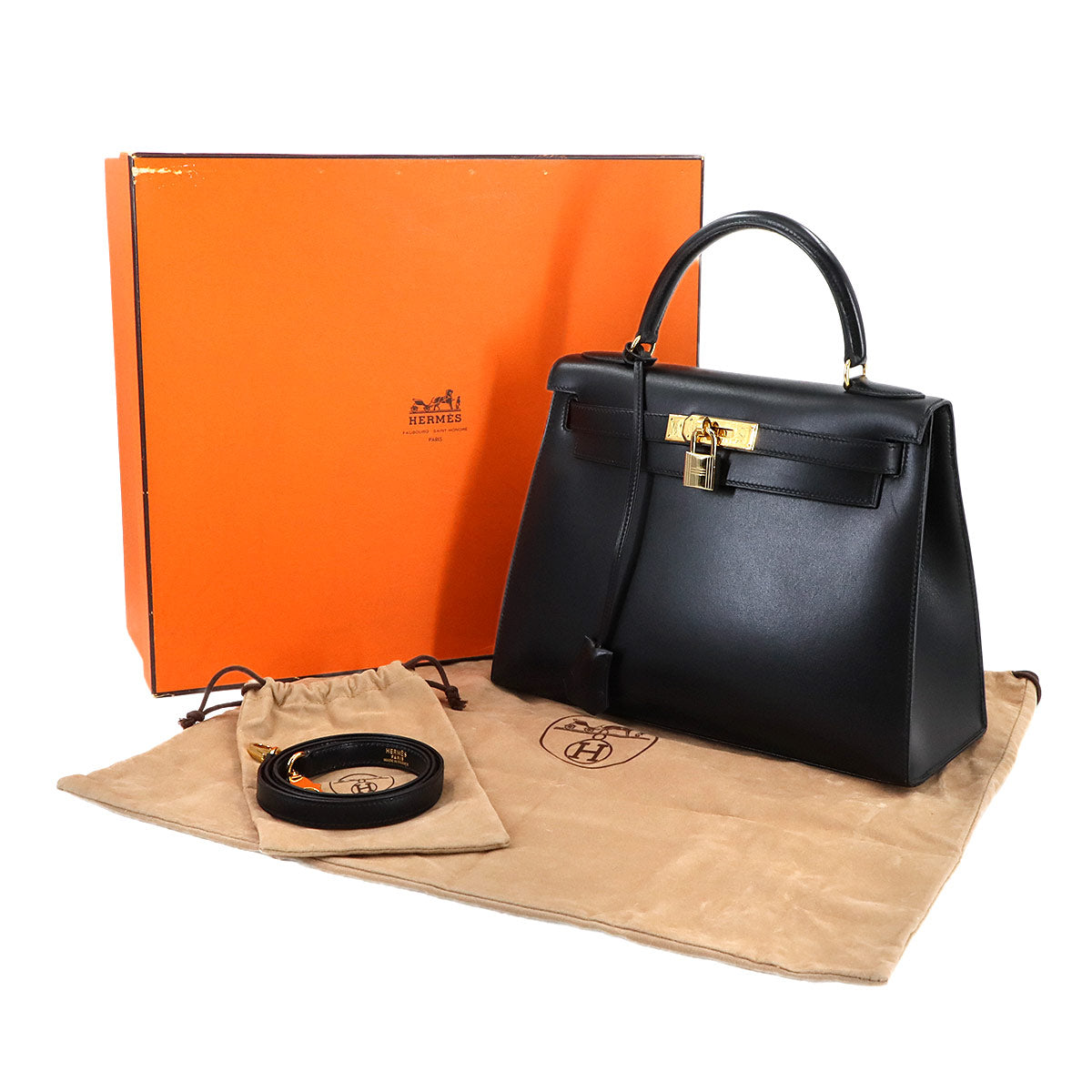 Kelly 28 Box carf Black 2way Hand Shoulder Bag Purse