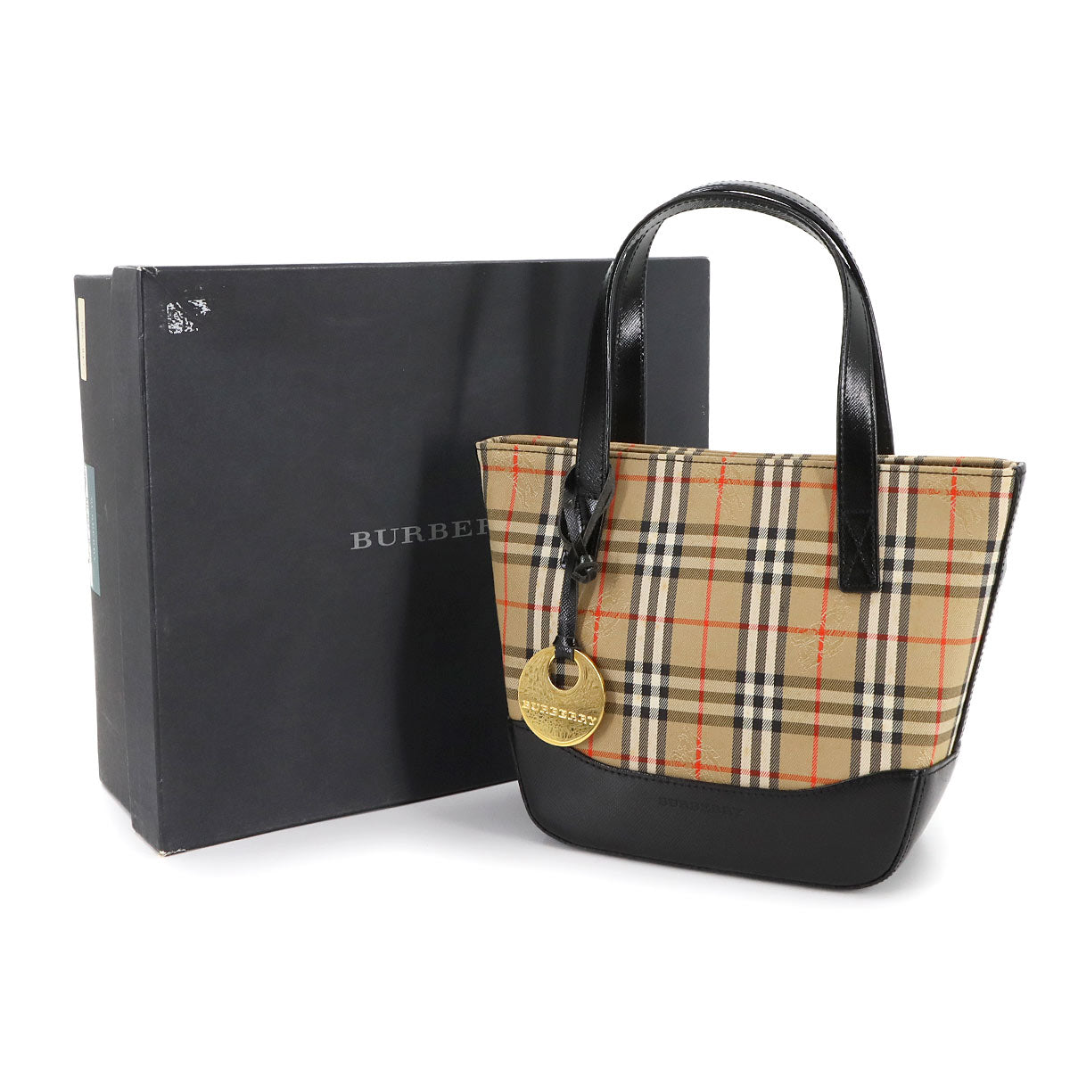 Plaid Hand Bag Canvas Leather Beige Black Purse