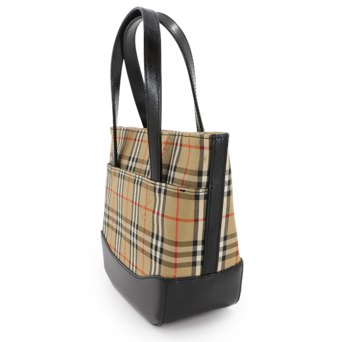 Plaid Hand Bag Canvas Leather Beige Black Purse