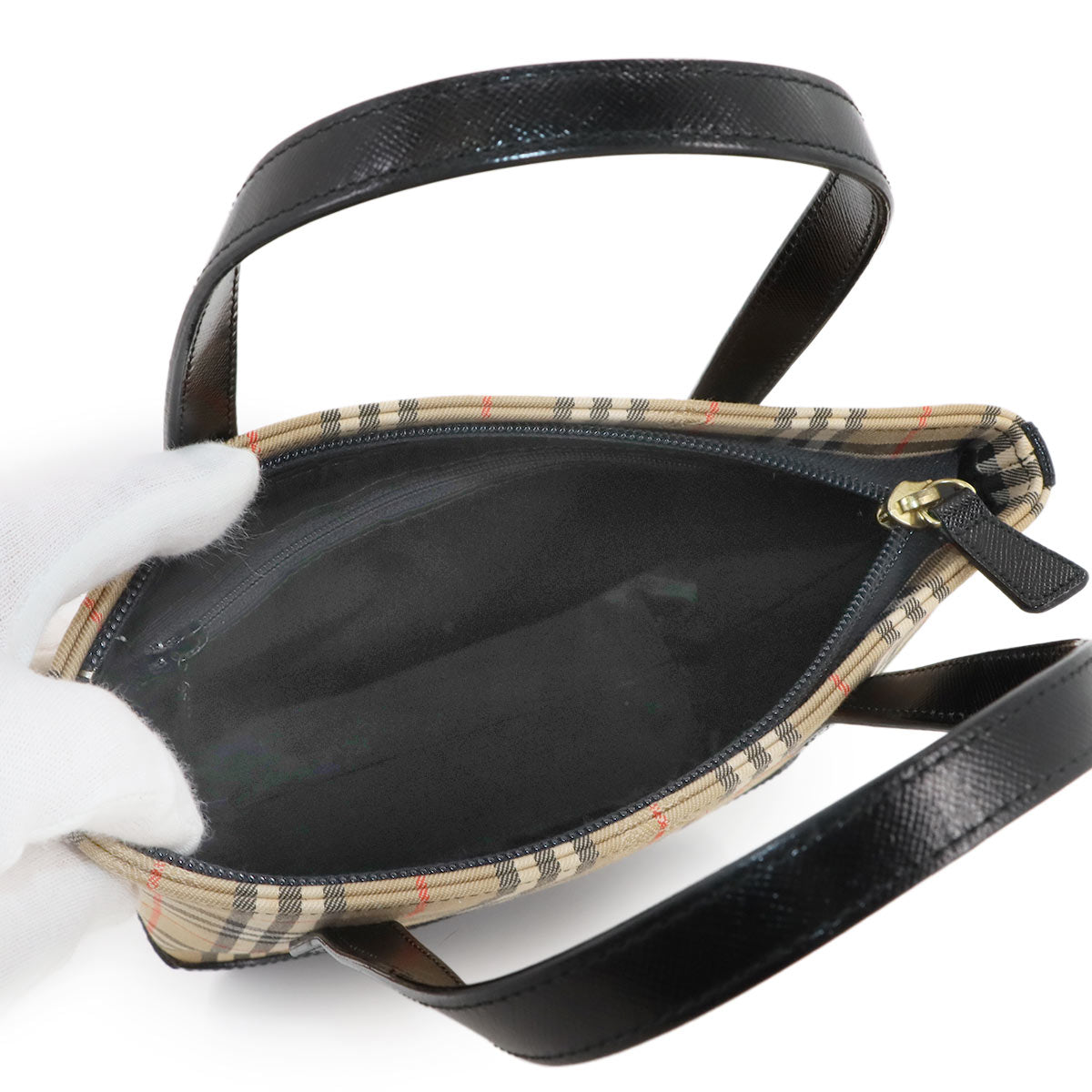 Plaid Hand Bag Canvas Leather Beige Black Purse