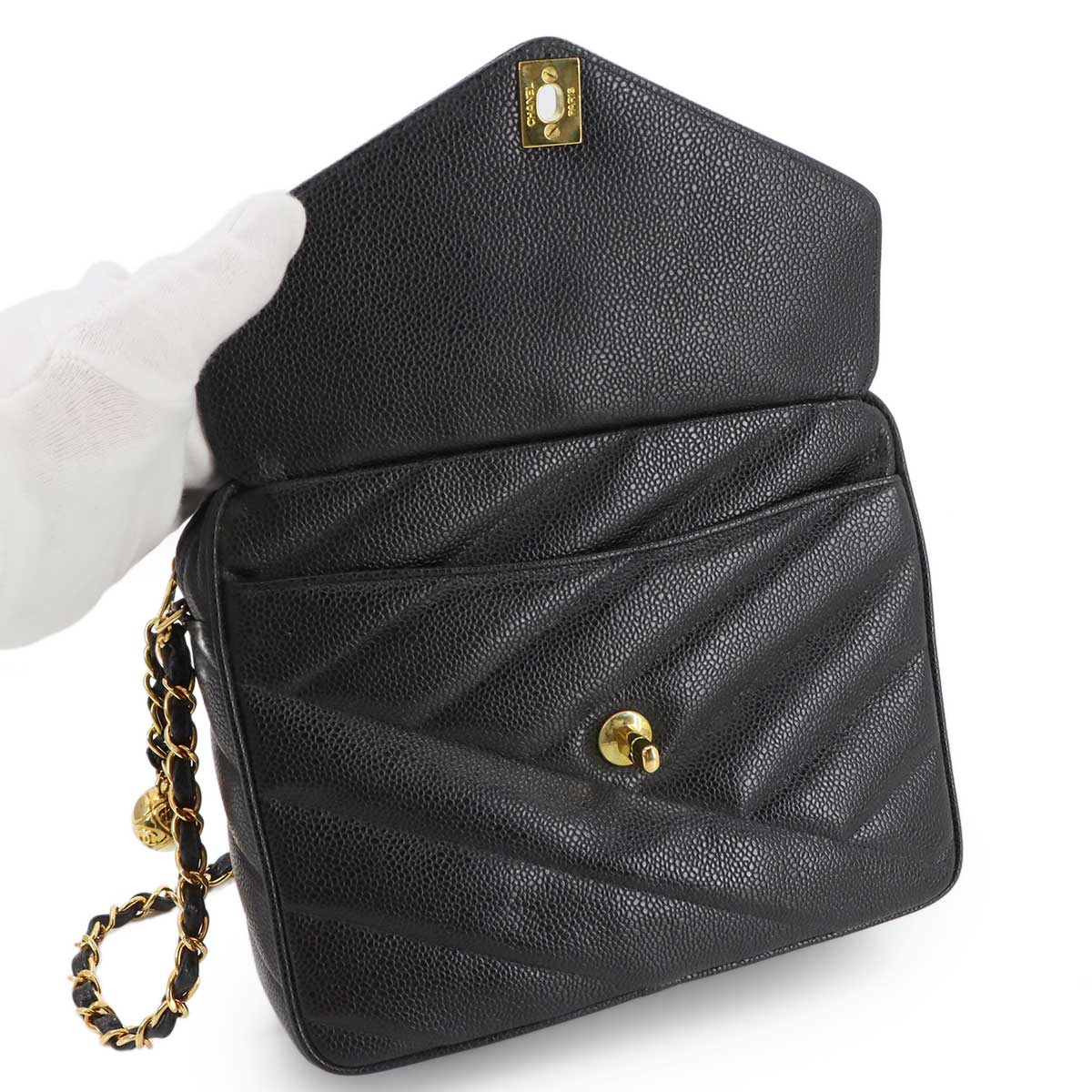 Chain Shoulder Bag Leather Black Vintage