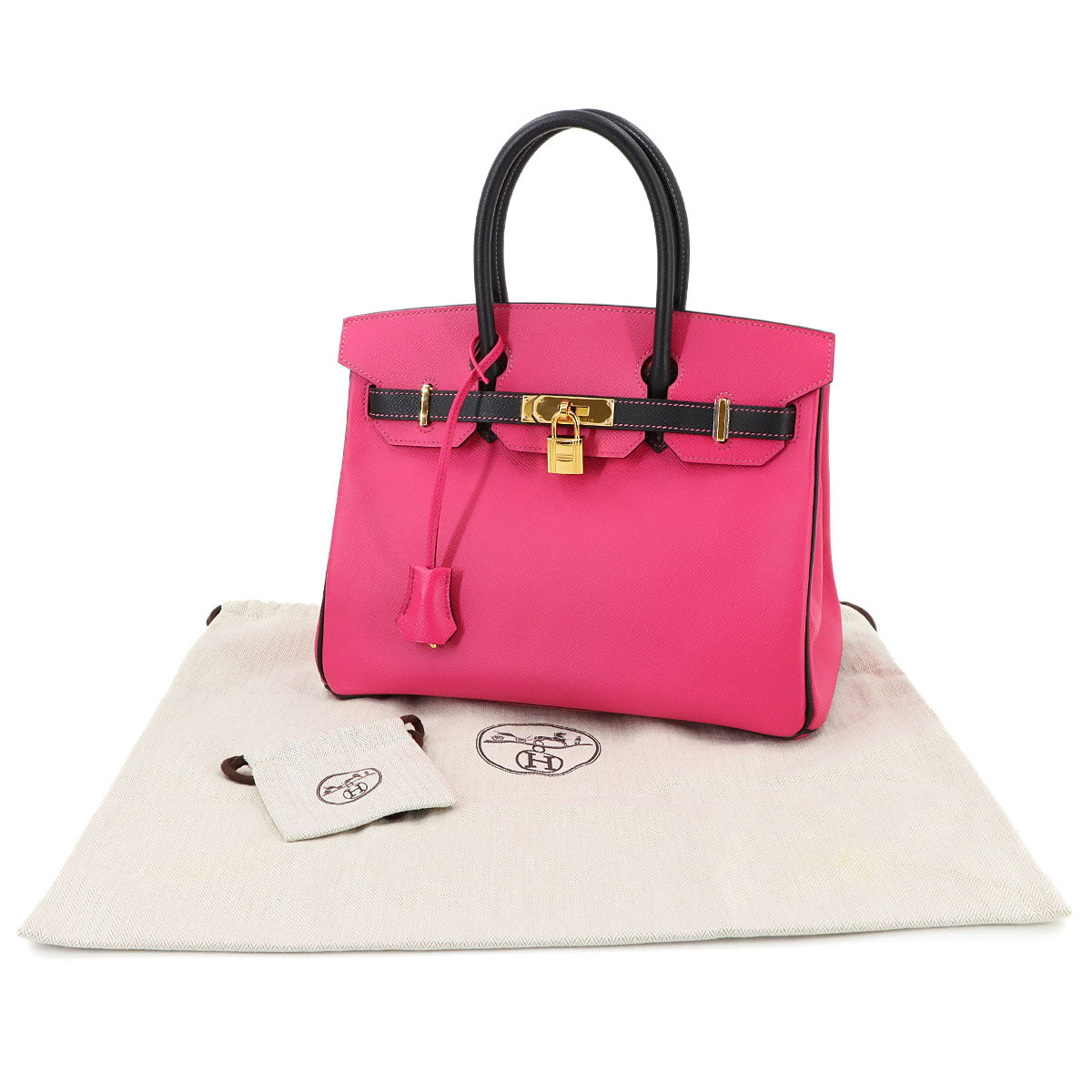 Birkin 30 Hand Bag Epsom Rose Tyrien Black Purse Pink
