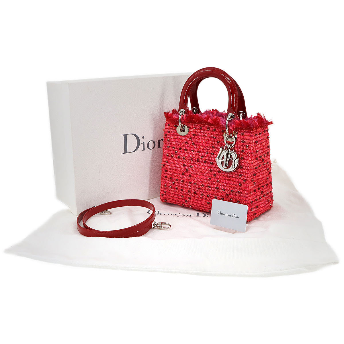 Lady Dior Medium Hand Shoulder Bag Enamel Tweed Red