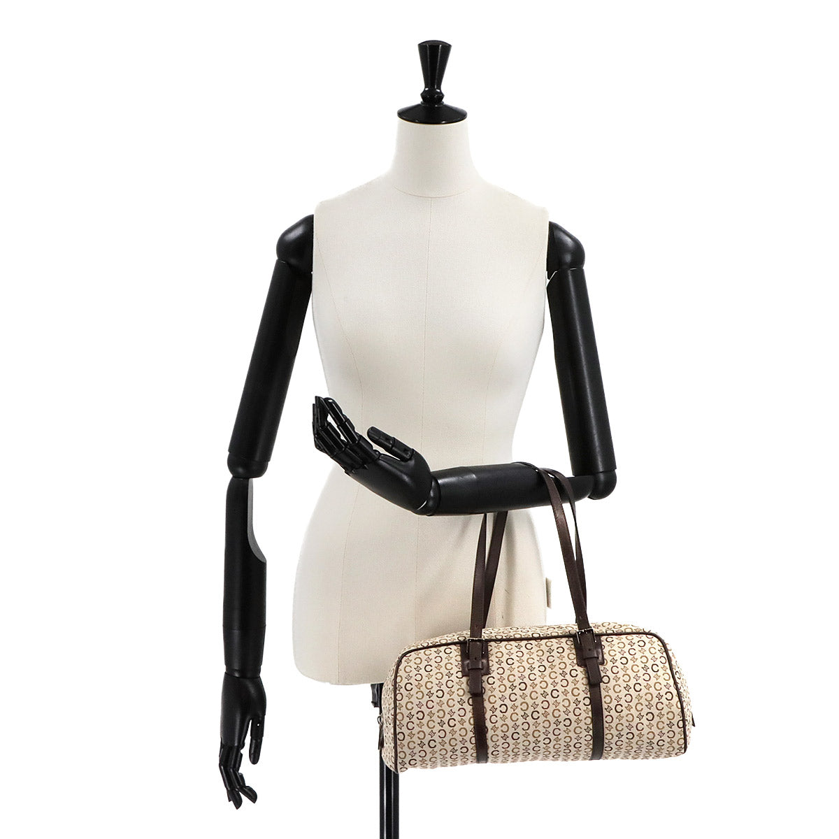 C Macadam Mini Boston Hand Bag Canvas Leather Beige Brown Purse