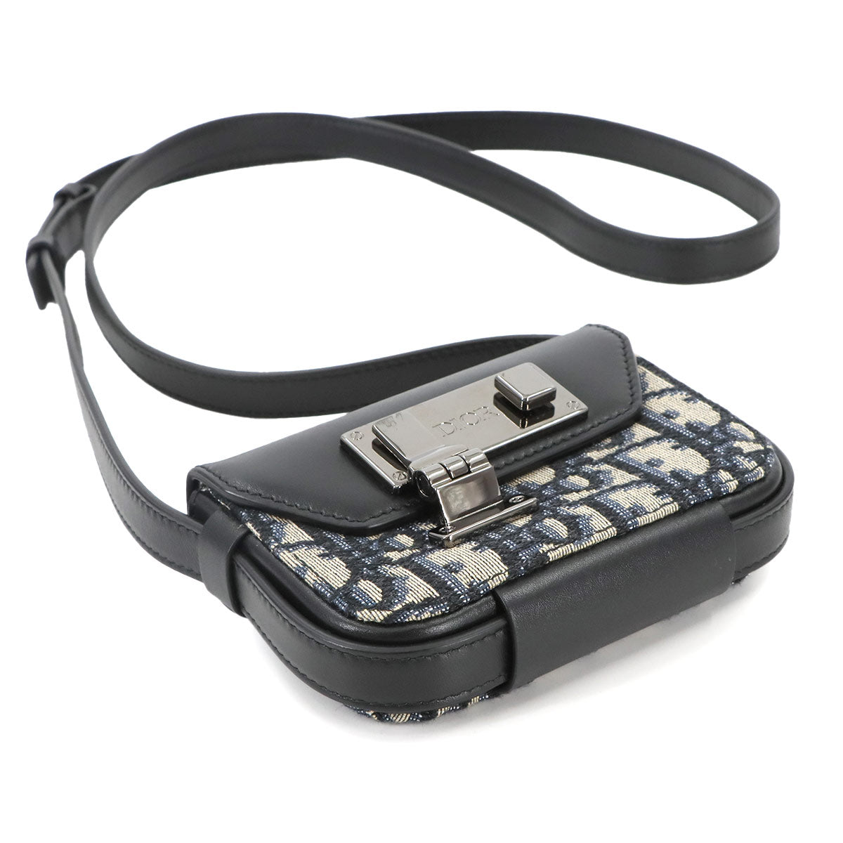 Oblique Dior Lock Shoulder Bag Canvas Leather Navy