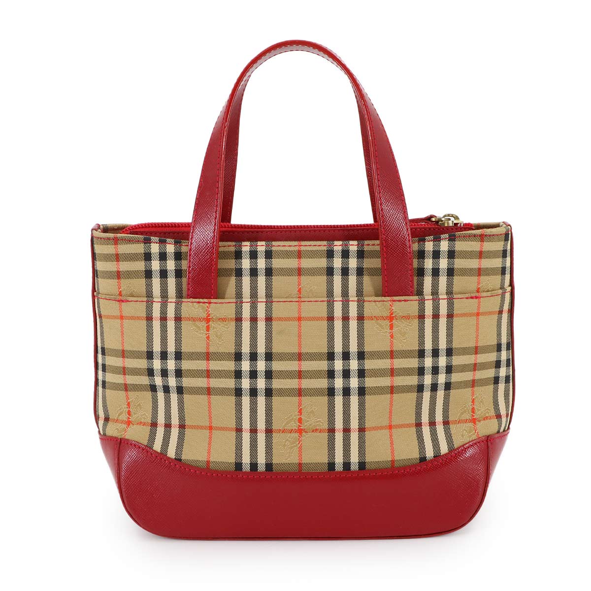 Plaid Small Hand Bag Canvas Leather Beige Red Haymarket