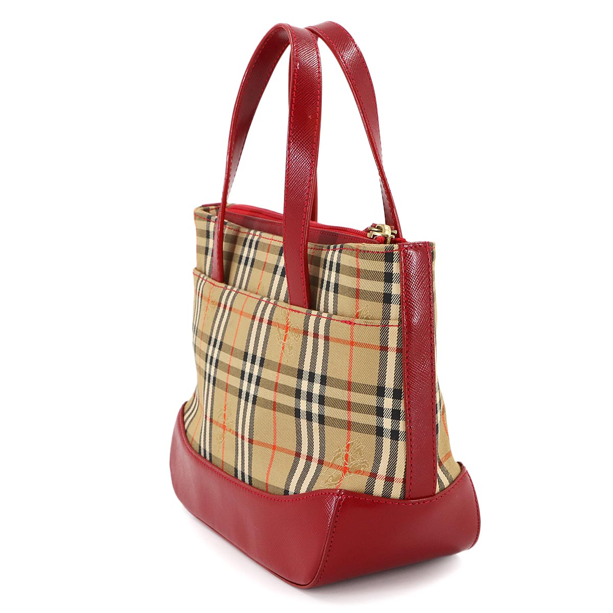 Plaid Small Hand Bag Canvas Leather Beige Red Haymarket