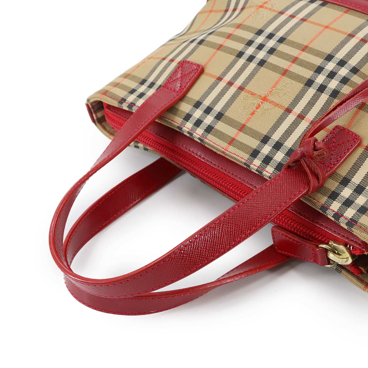 Plaid Small Hand Bag Canvas Leather Beige Red Haymarket