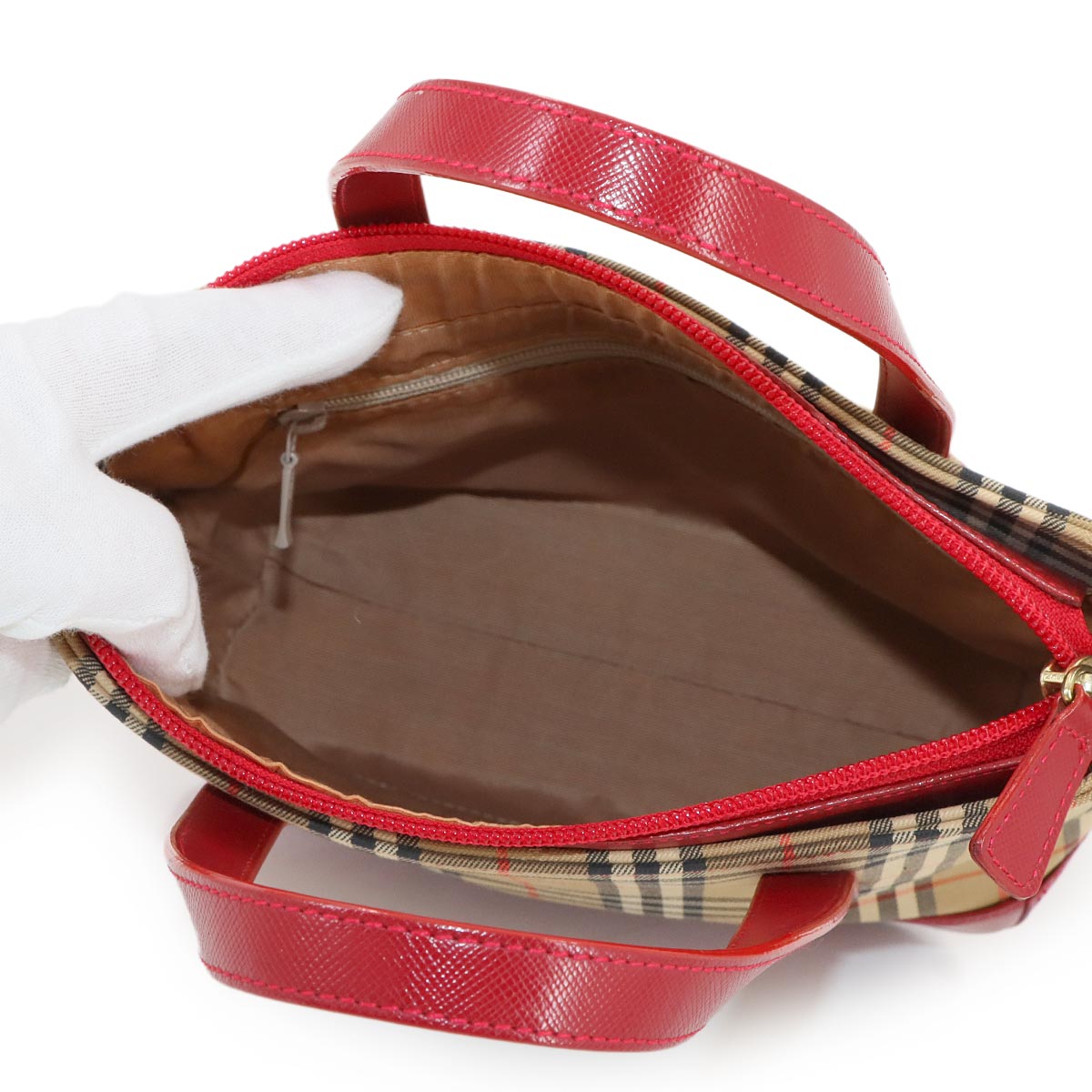 Plaid Small Hand Bag Canvas Leather Beige Red Haymarket