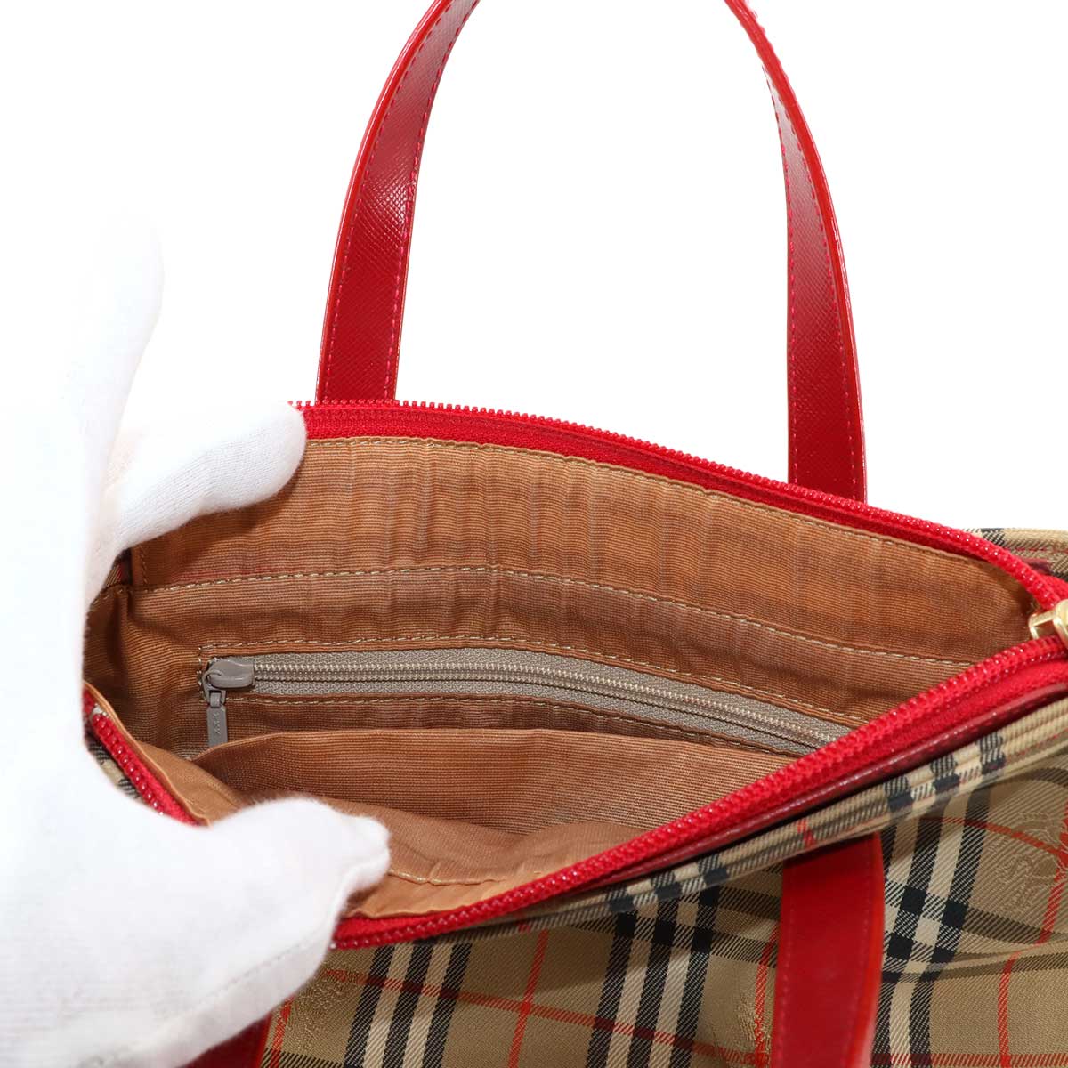 Plaid Small Hand Bag Canvas Leather Beige Red Haymarket