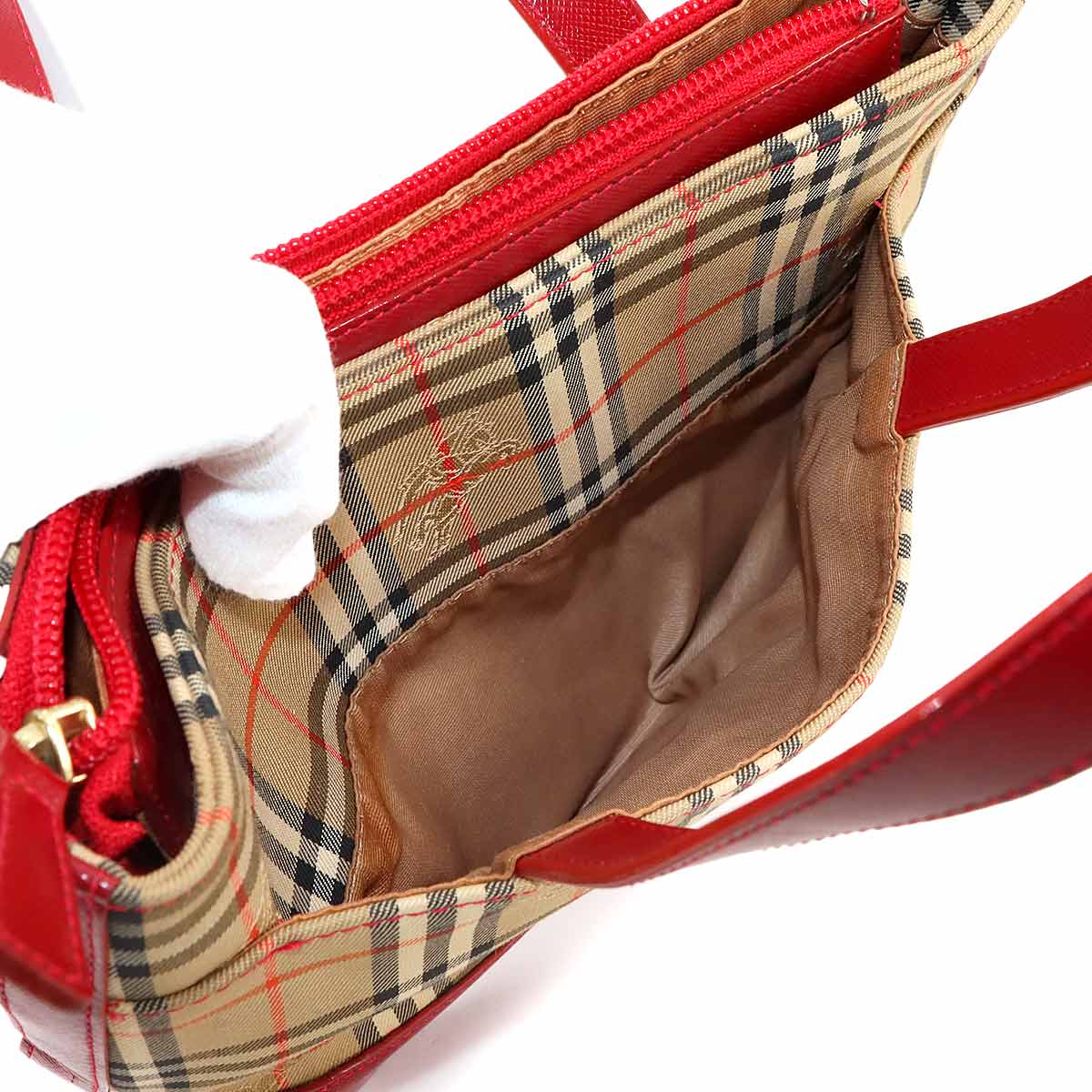 Plaid Small Hand Bag Canvas Leather Beige Red Haymarket