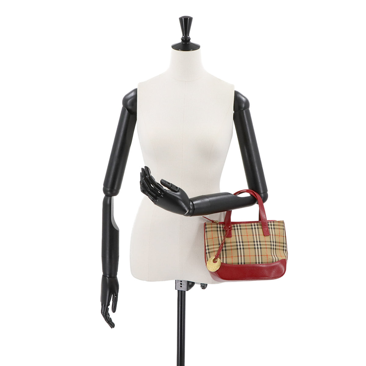 Plaid Small Hand Bag Canvas Leather Beige Red Haymarket