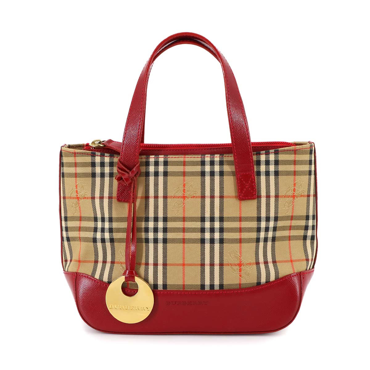 Plaid Small Hand Bag Canvas Leather Beige Red Haymarket