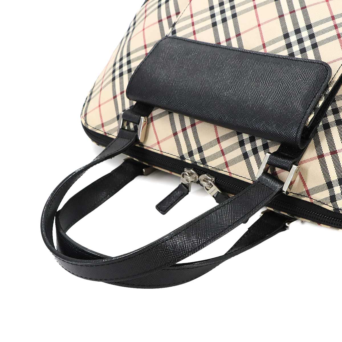 Plaid Hand Bag Canvas Leather Beige Black Purse