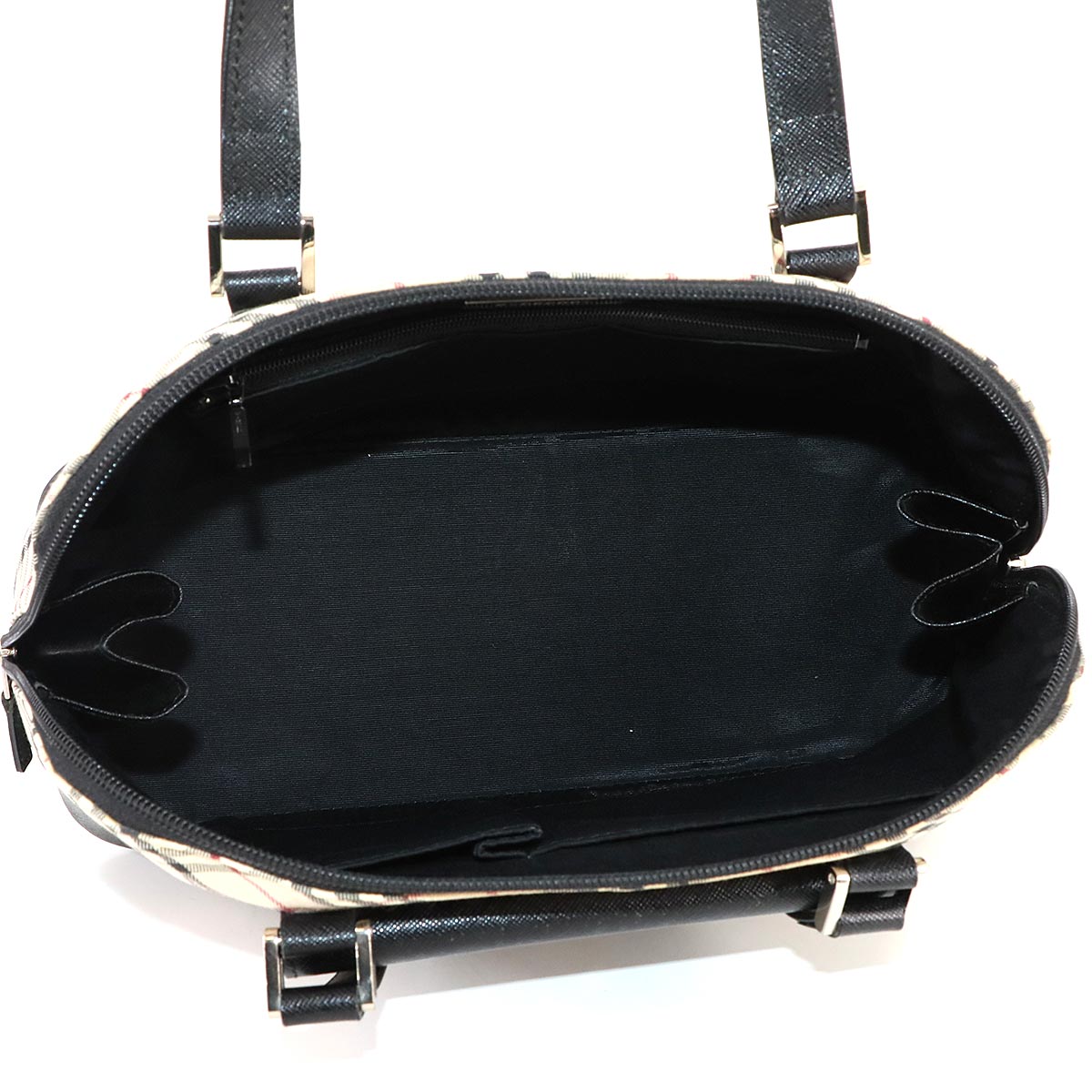 Plaid Hand Bag Canvas Leather Beige Black Purse