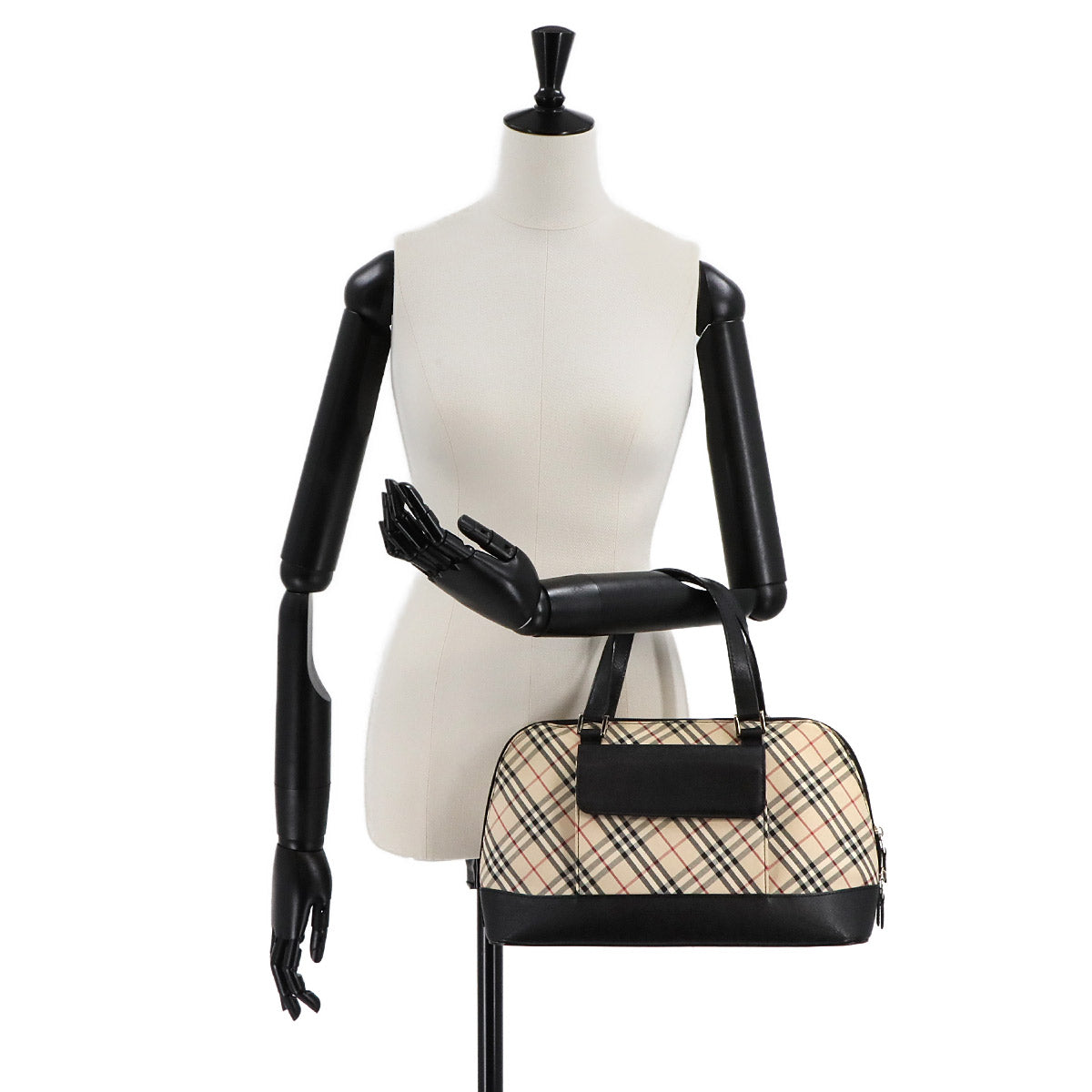 Plaid Hand Bag Canvas Leather Beige Black Purse