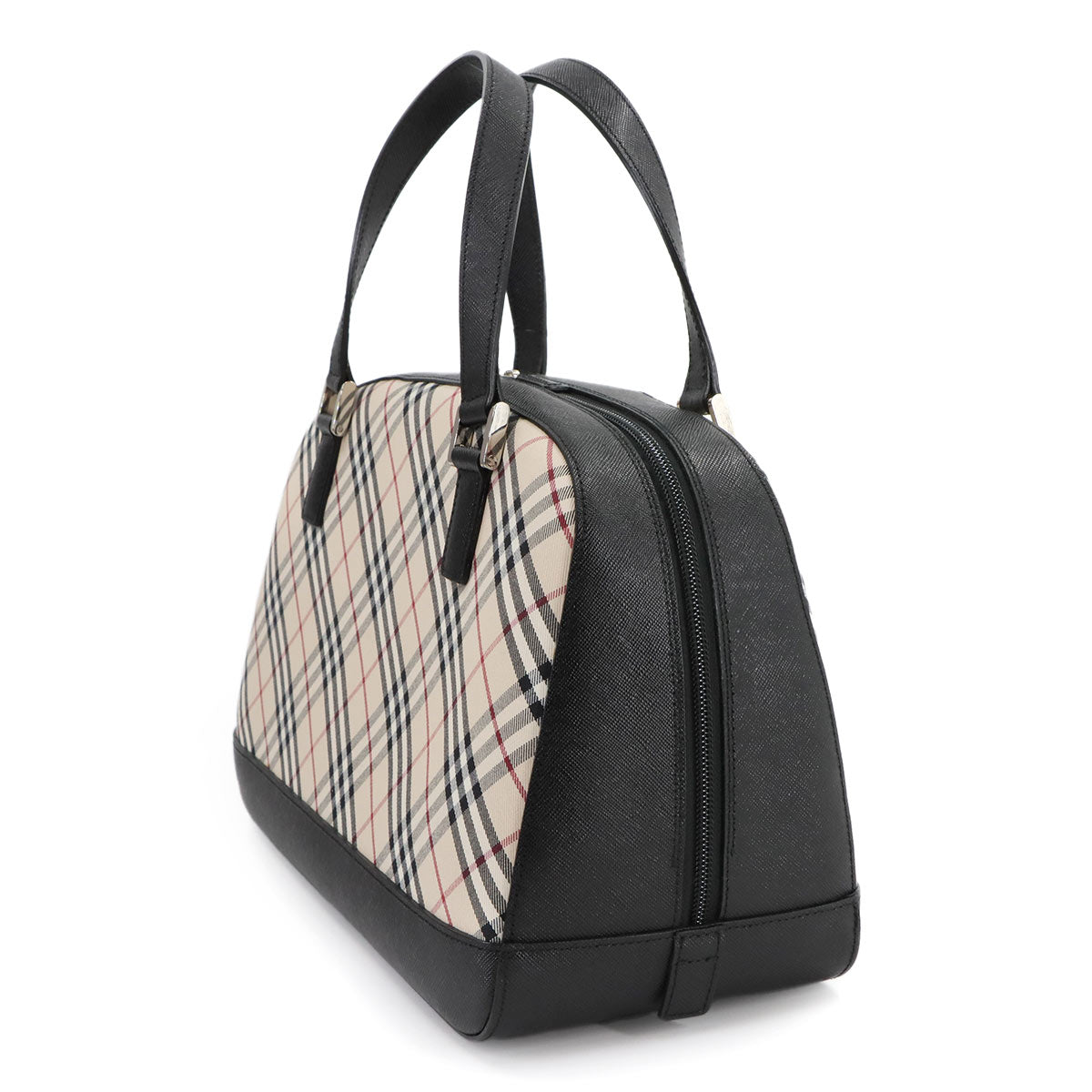 Plaid Hand Bag Canvas Leather Beige Black Purse