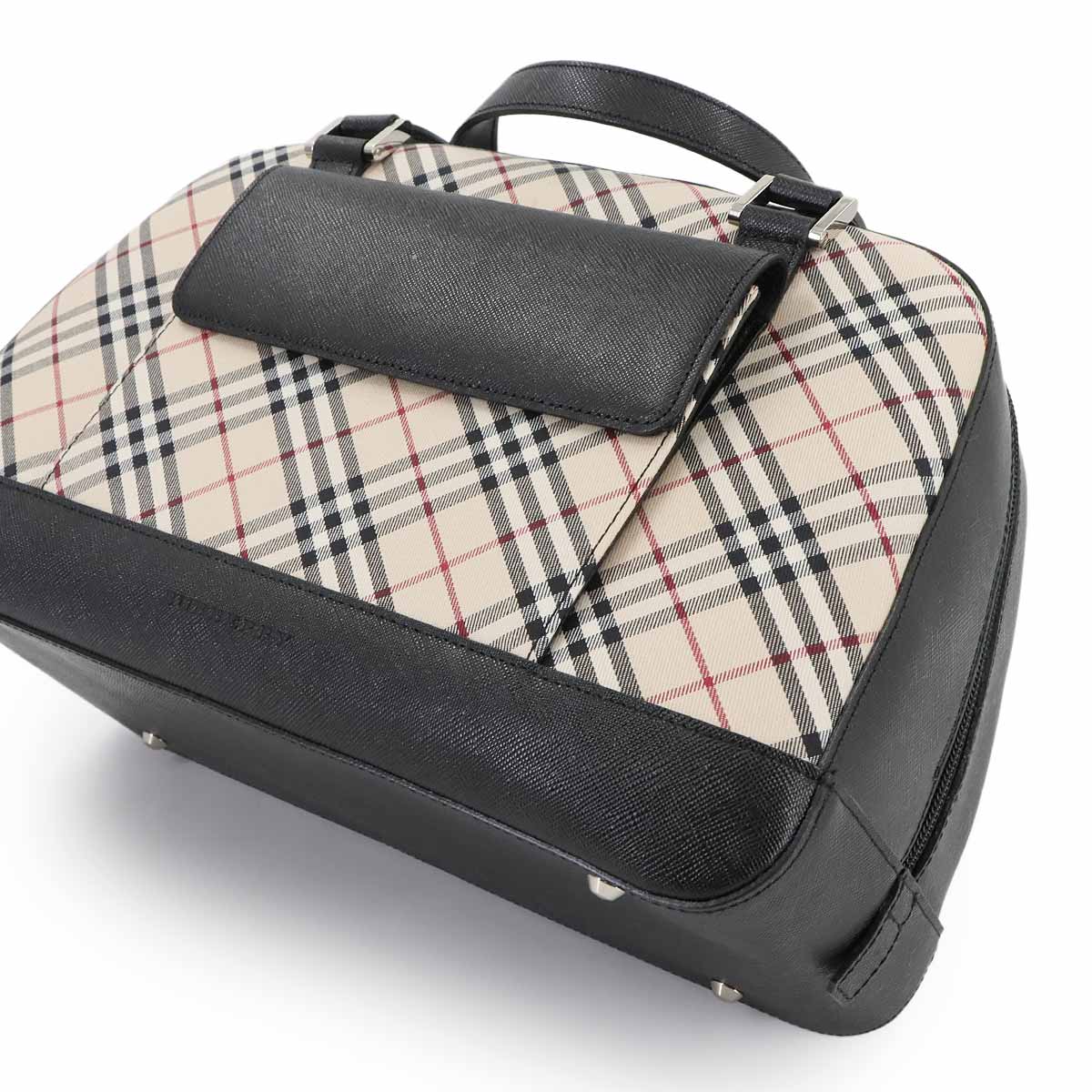 Plaid Hand Bag Canvas Leather Beige Black Purse