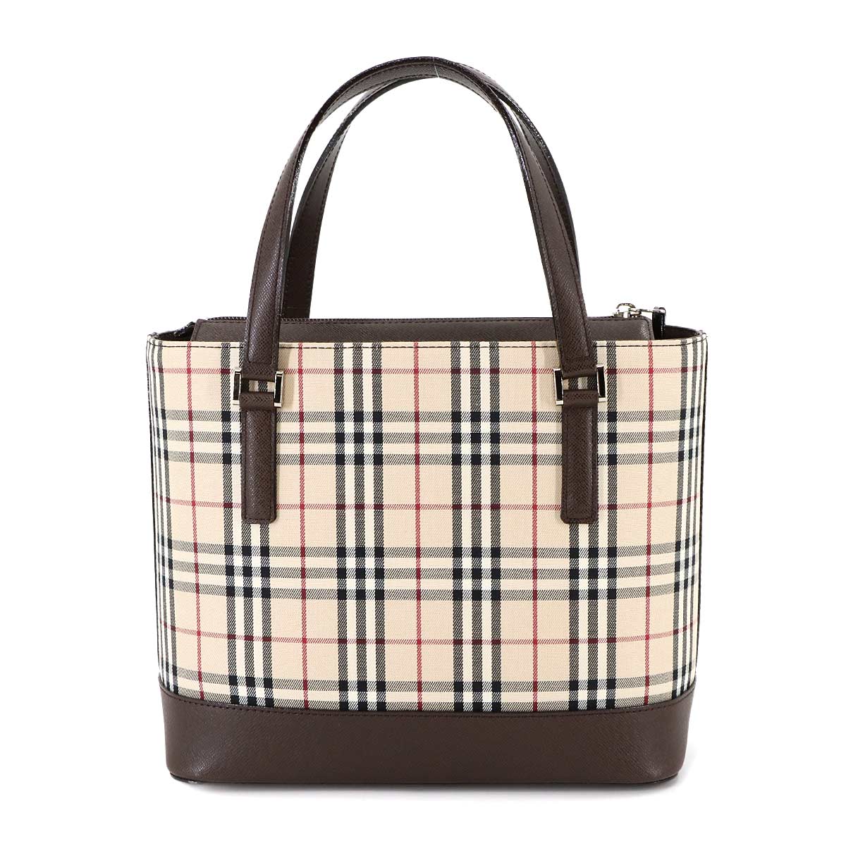 Plaid Hand Bag Canvas Leather Beige Brown Purse