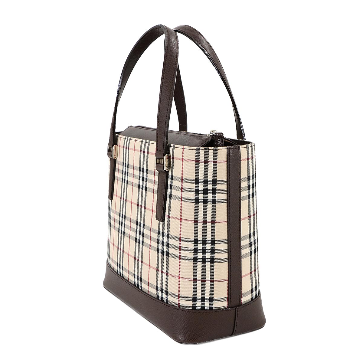 Plaid Hand Bag Canvas Leather Beige Brown Purse