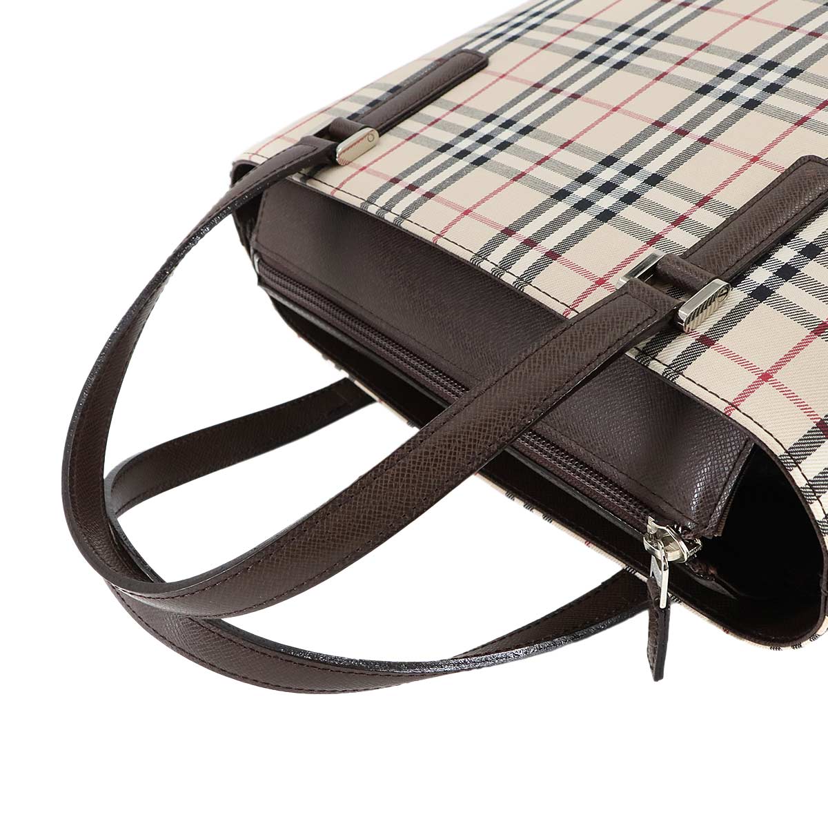 Plaid Hand Bag Canvas Leather Beige Brown Purse