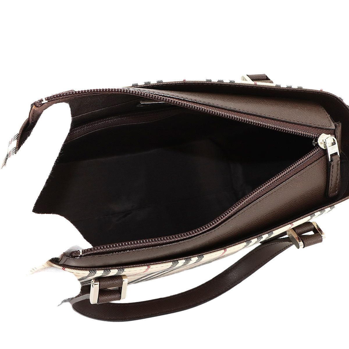 Plaid Hand Bag Canvas Leather Beige Brown Purse