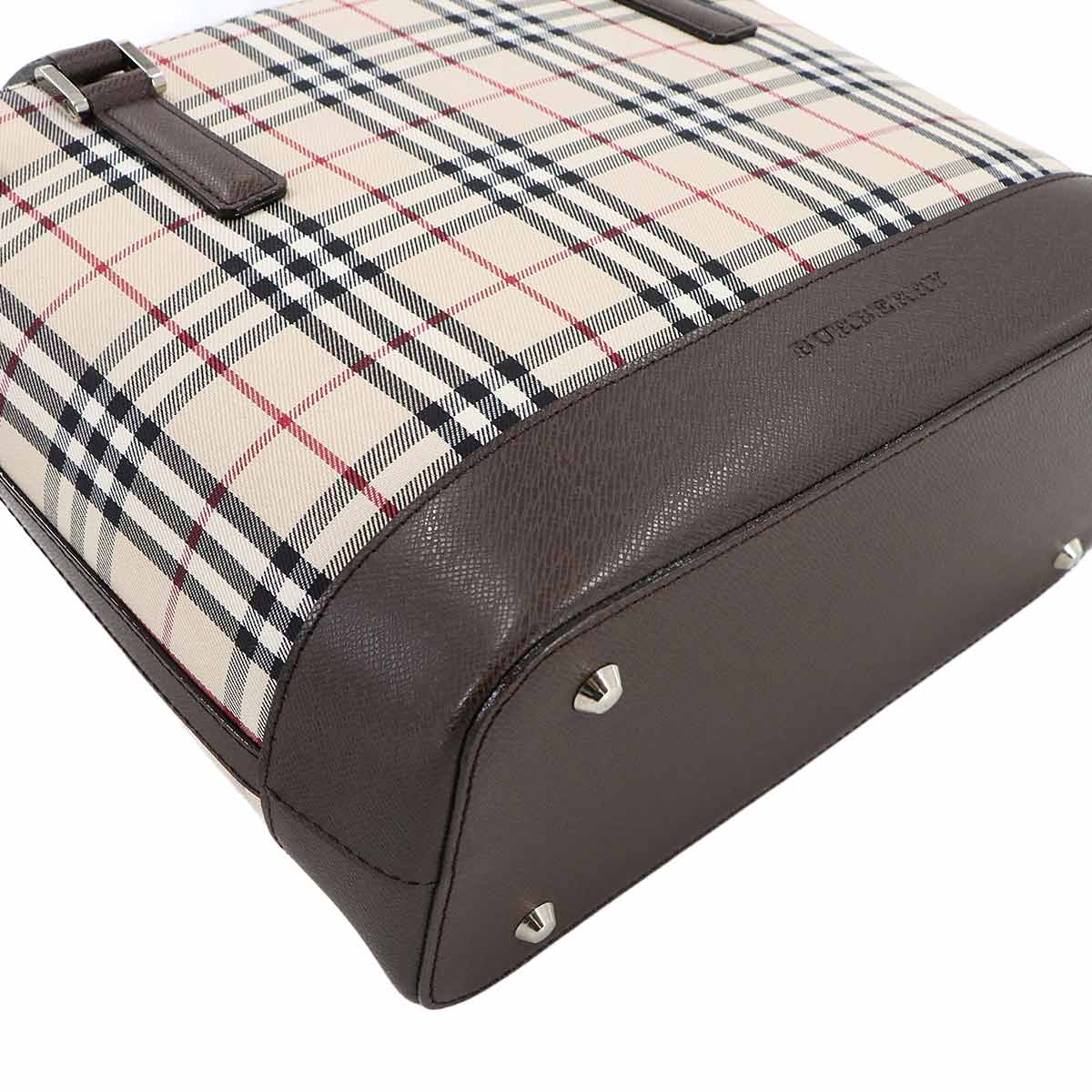 Plaid Hand Bag Canvas Leather Beige Brown Purse