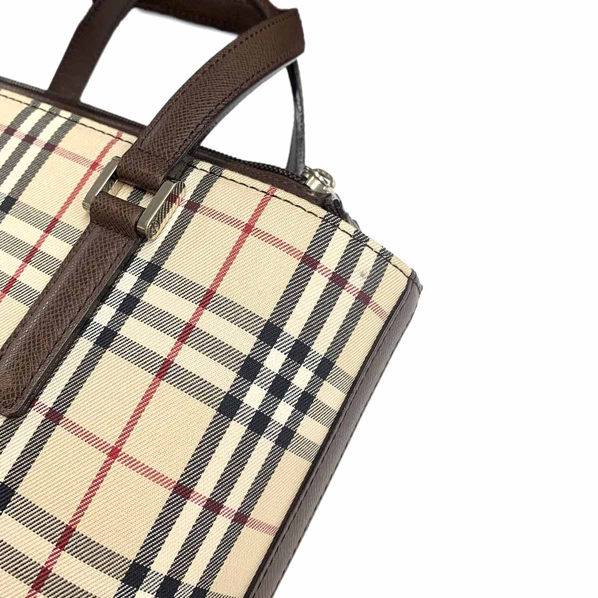 Plaid Hand Bag Canvas Leather Beige Brown Purse