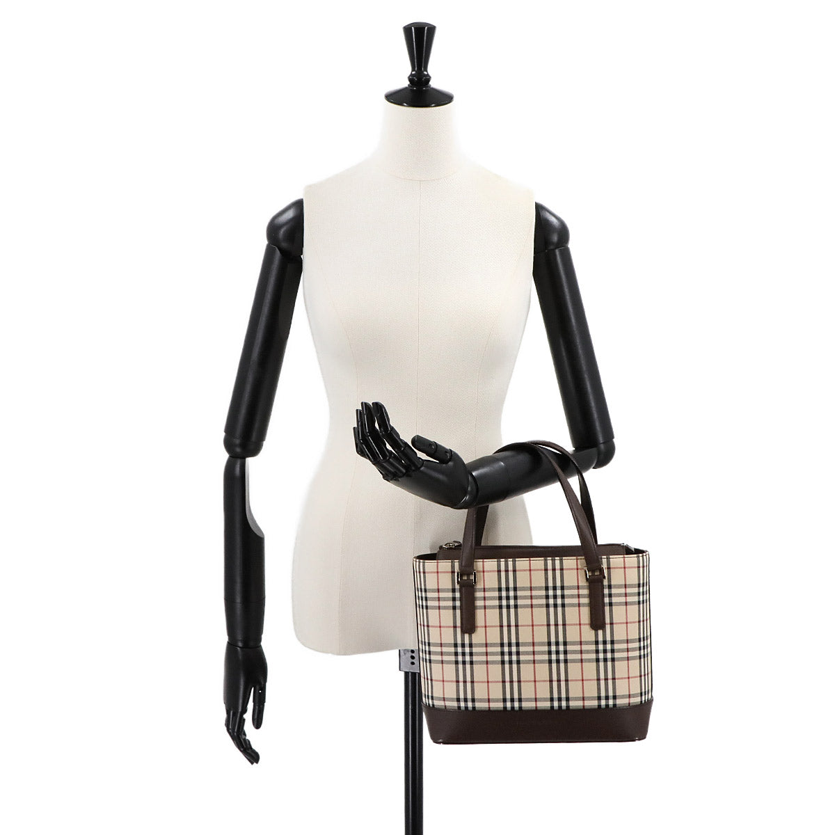Plaid Hand Bag Canvas Leather Beige Brown Purse