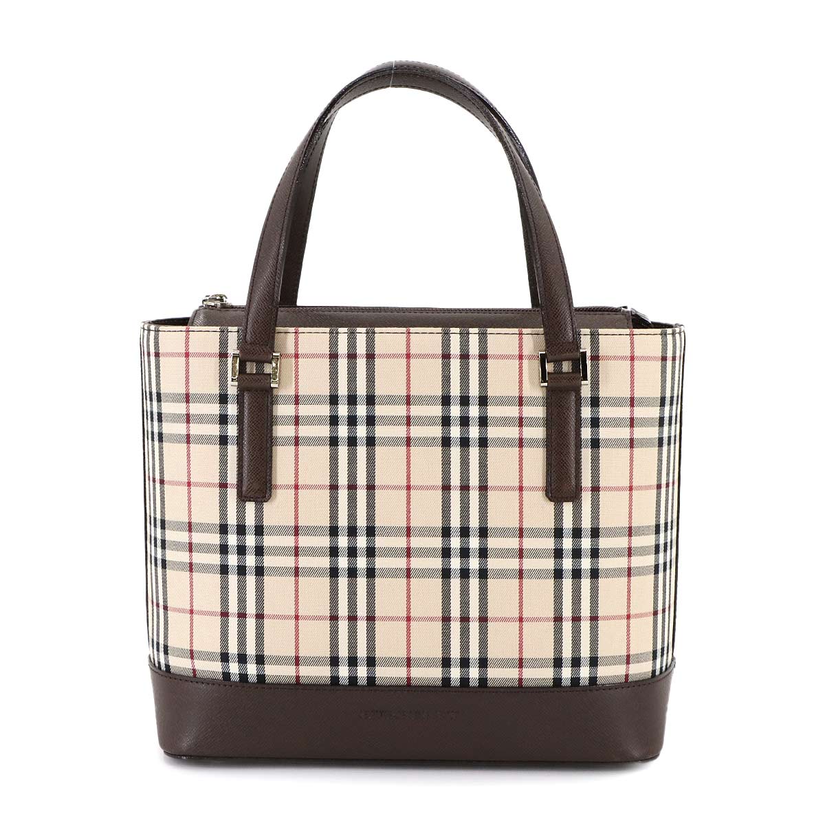 Plaid Hand Bag Canvas Leather Beige Brown Purse