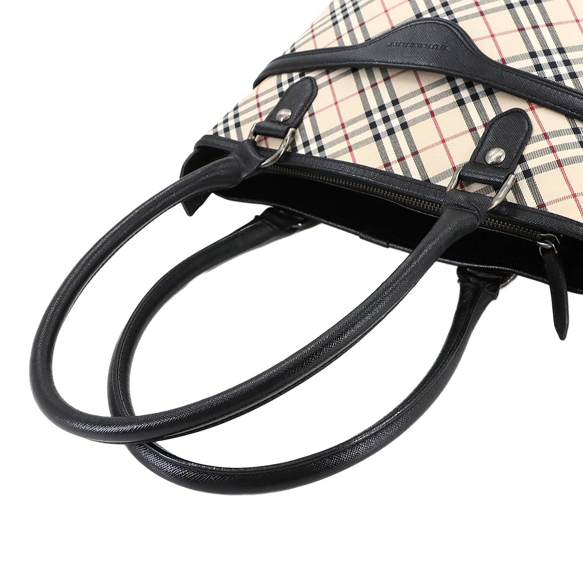 Plaid Tote Bag Canvas Leather Beige Black Purse