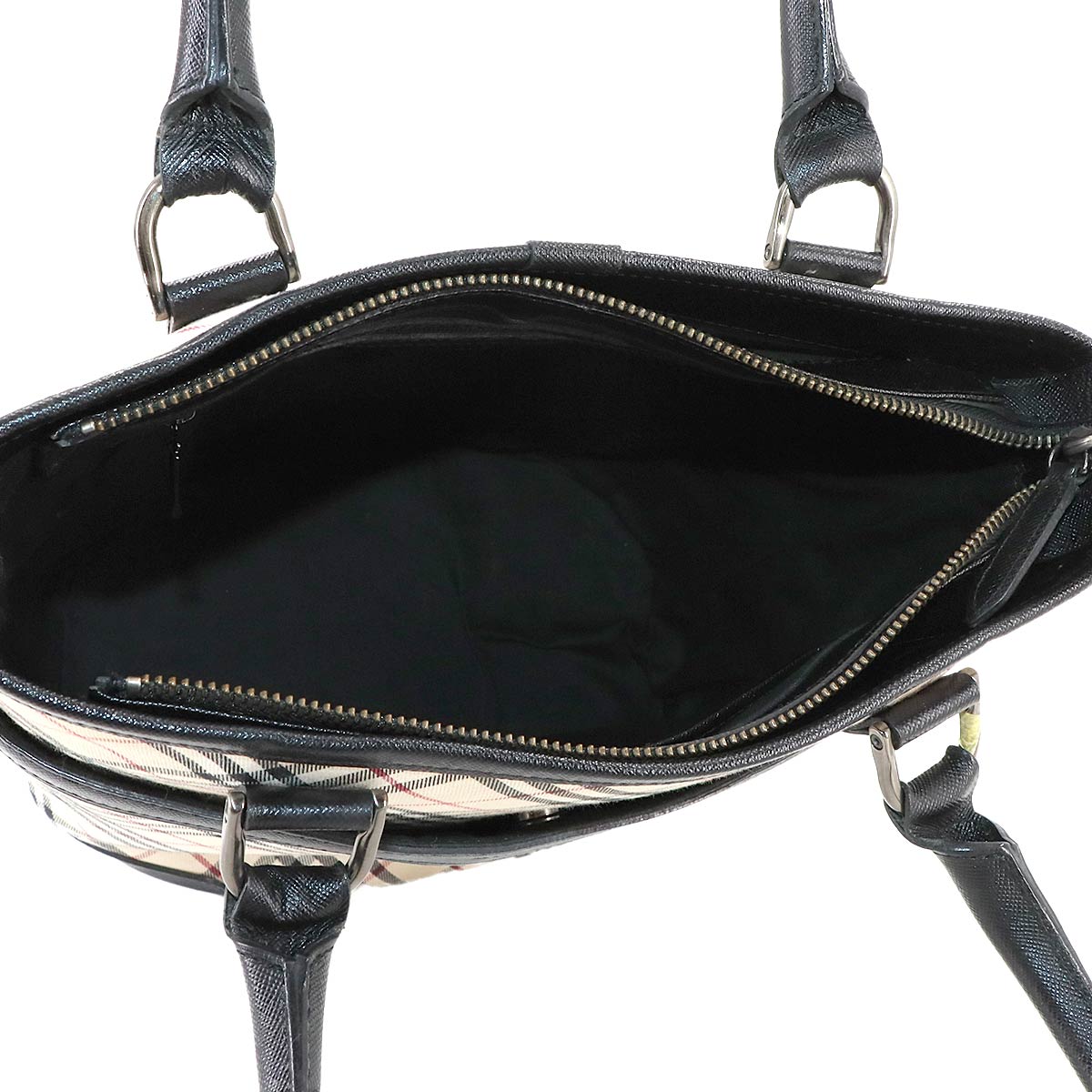 Plaid Tote Bag Canvas Leather Beige Black Purse