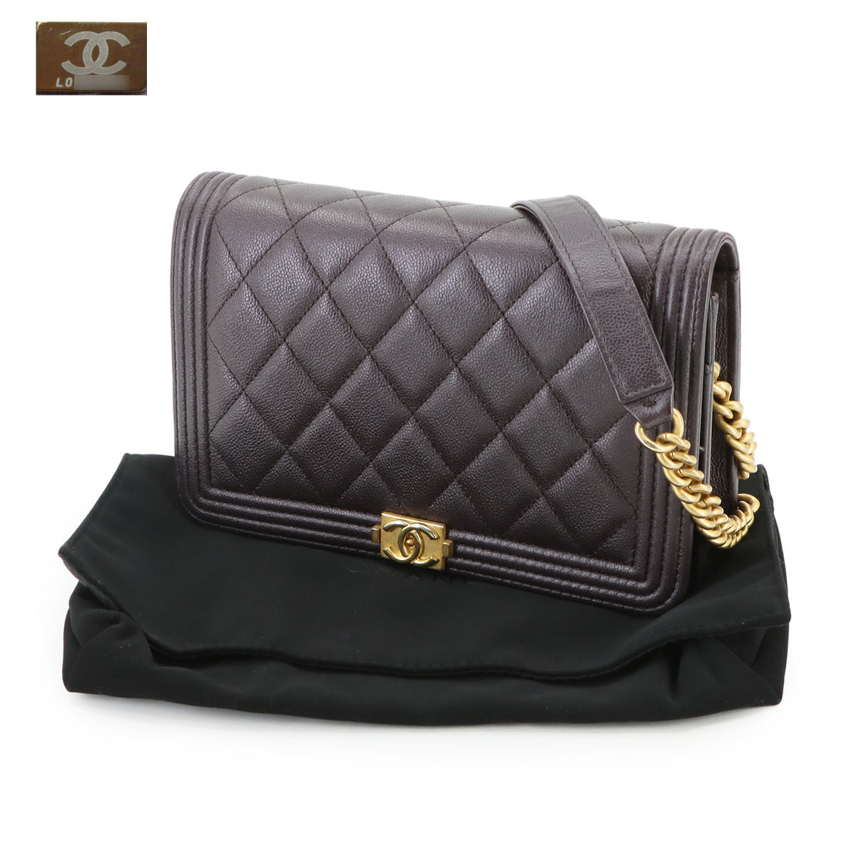 Boychanel Chain Long Wallet Caviar Skin Leather Brown AP1117