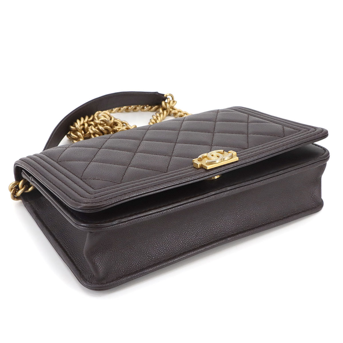 Boychanel Chain Long Wallet Caviar Skin Leather Brown AP1117