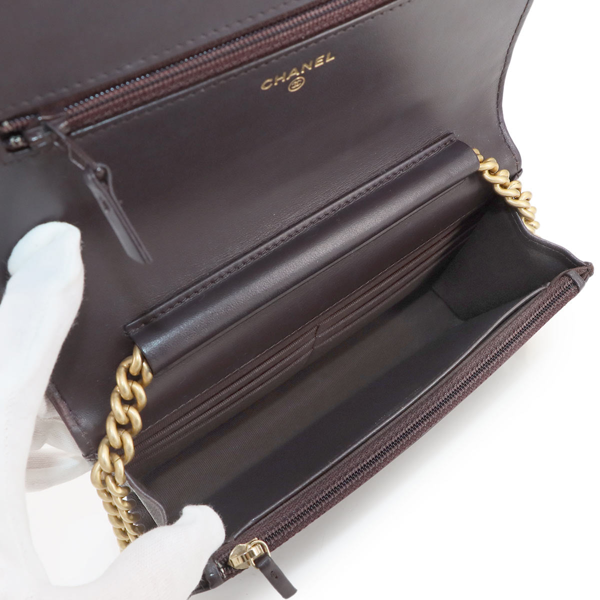 Boychanel Chain Long Wallet Caviar Skin Leather Brown AP1117