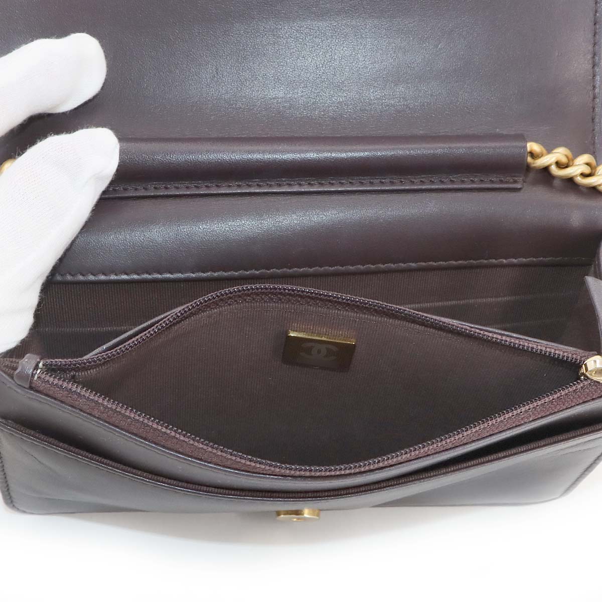 Boychanel Chain Long Wallet Caviar Skin Leather Brown AP1117