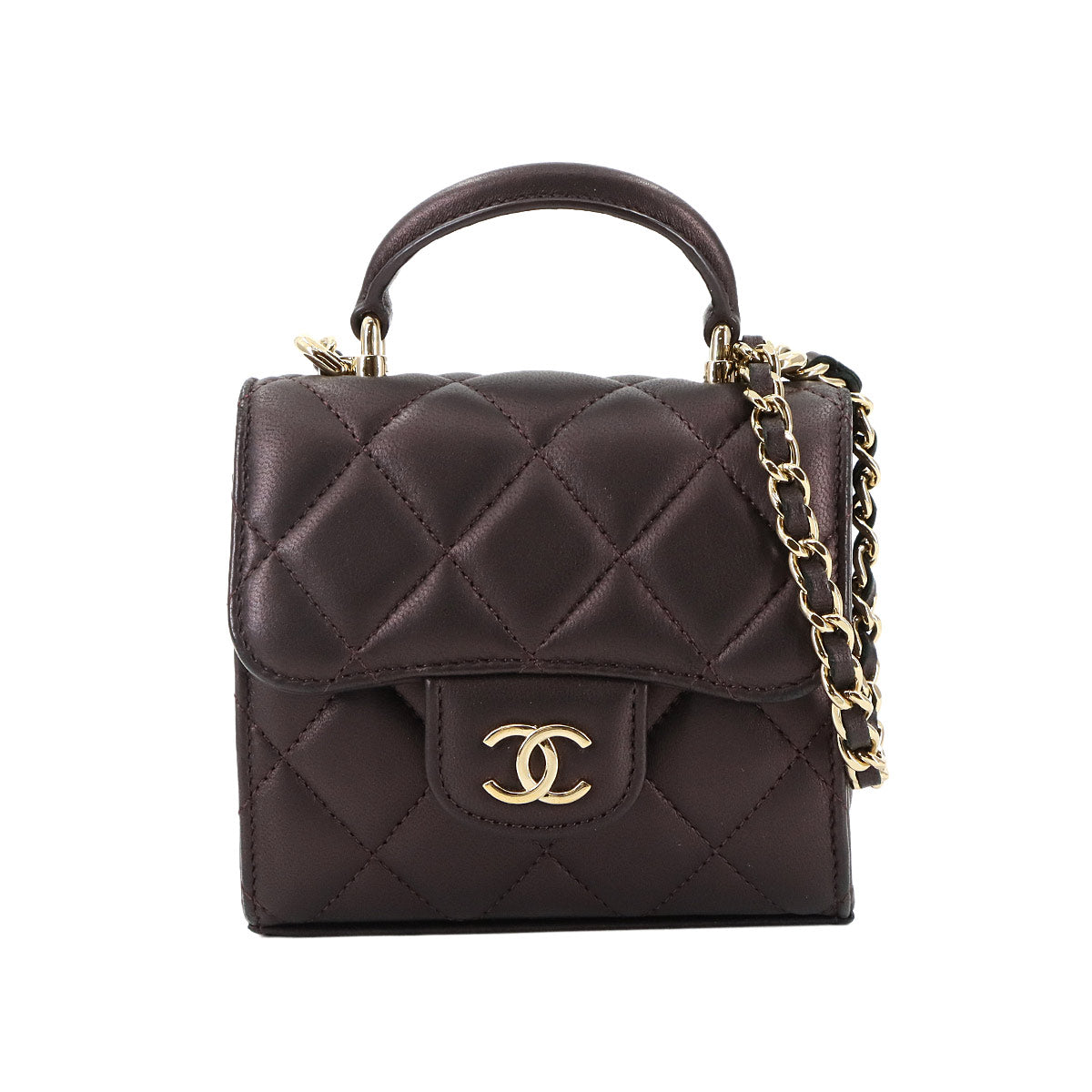 Top Handle Mini Flap Bag with Chain Leather Purple AP2682