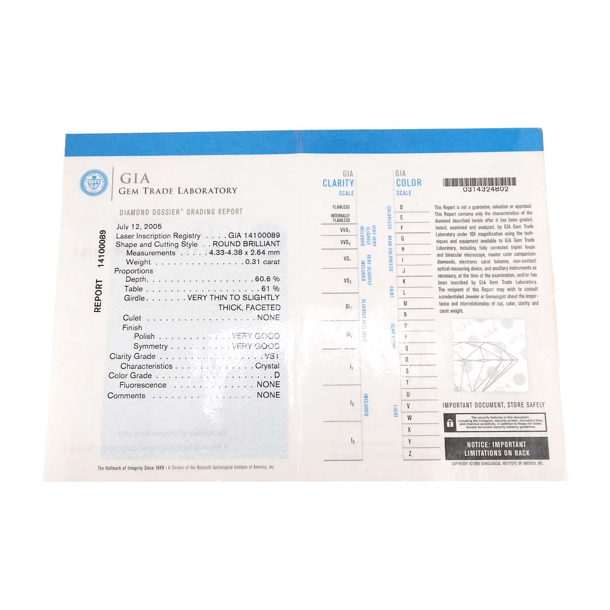 Diamond 0.31ct D/VS1 Ring 18K WG size49 4.75-5(US)