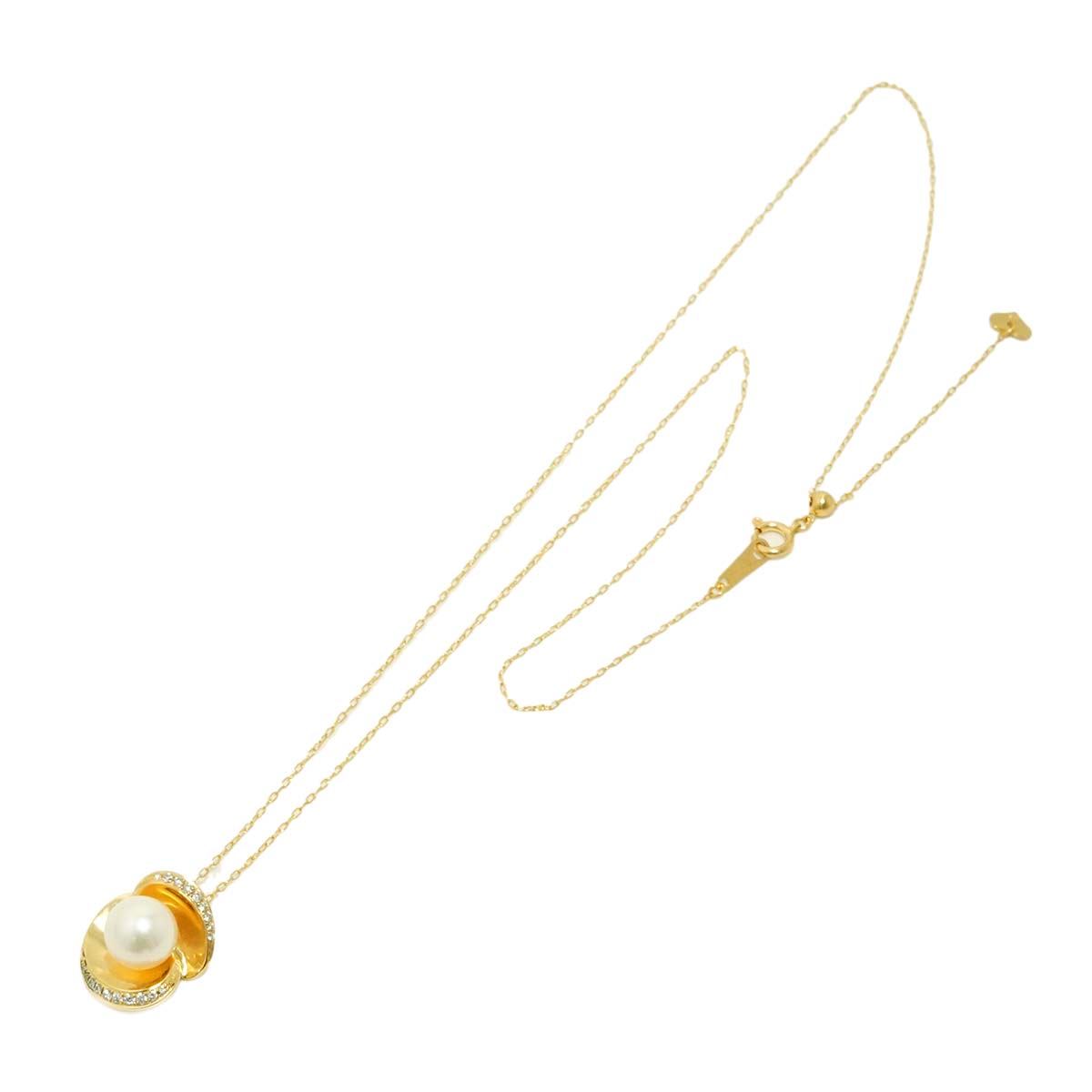 Akoya Pearl 7.7mm Diamond 0.10ct Necklace 18K K18 YG Yellow Gold 750