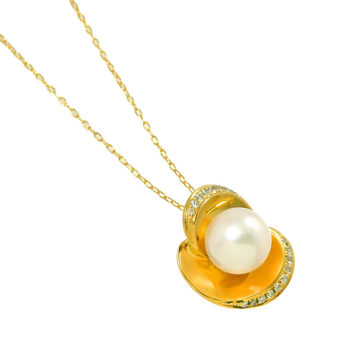 Akoya Pearl 7.7mm Diamond 0.10ct Necklace 18K K18 YG Yellow Gold 750