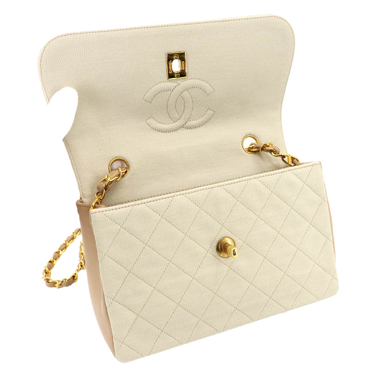 Matelasse Chain Shoulder Bag Cotton Jersey Leatger Beige