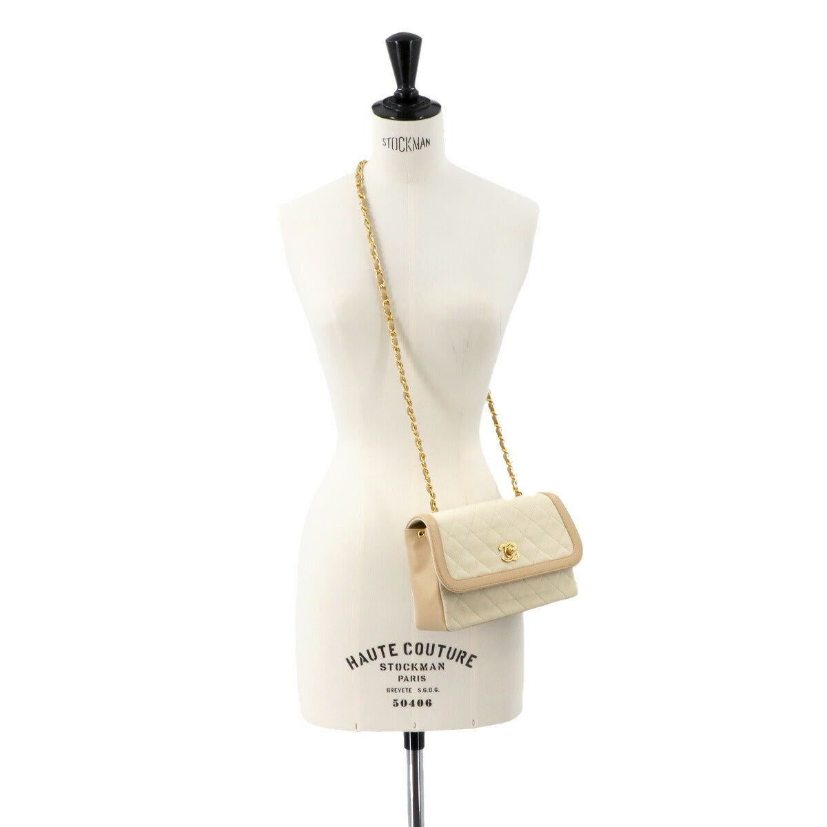 Matelasse Chain Shoulder Bag Cotton Jersey Leatger Beige