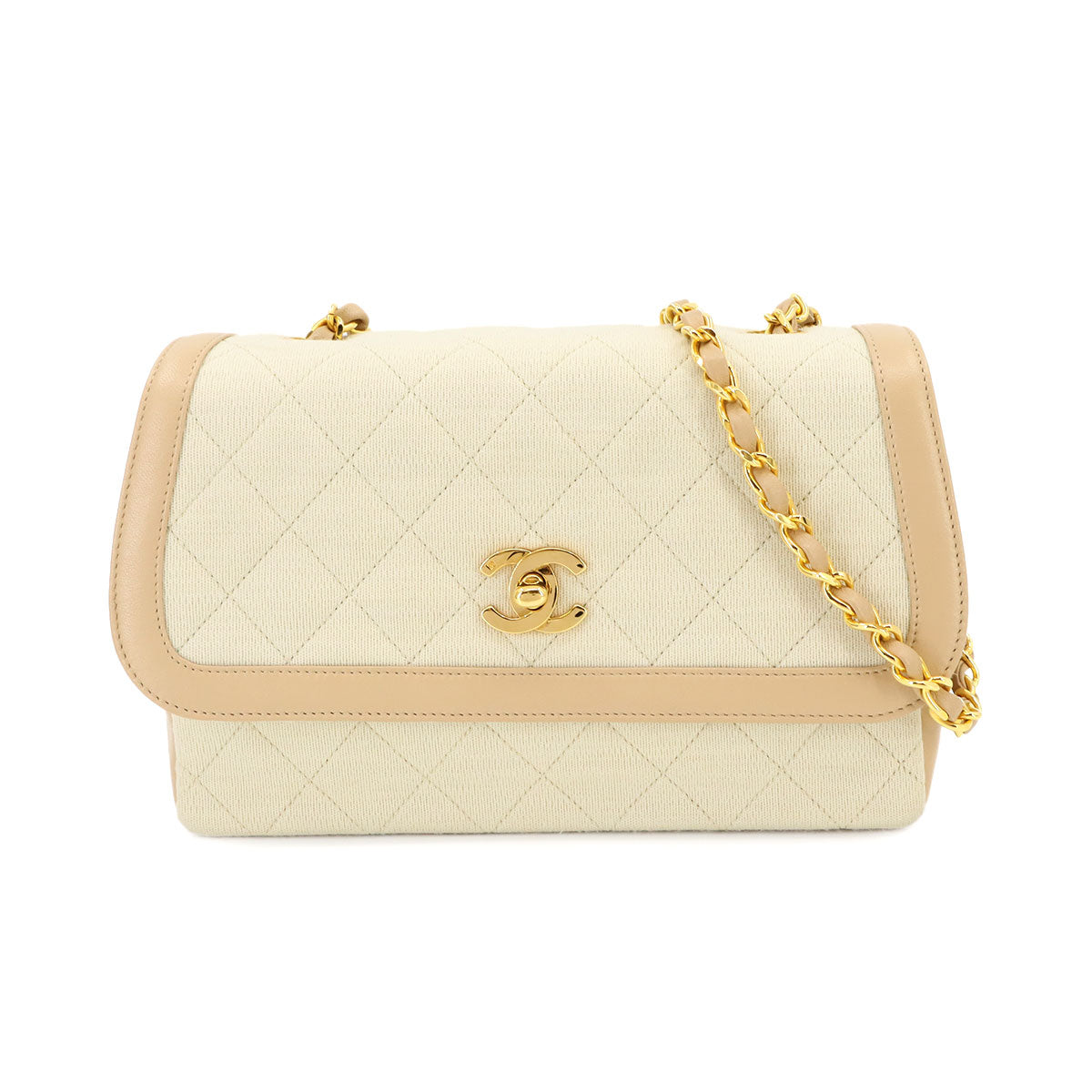 Matelasse Chain Shoulder Bag Cotton Jersey Leatger Beige