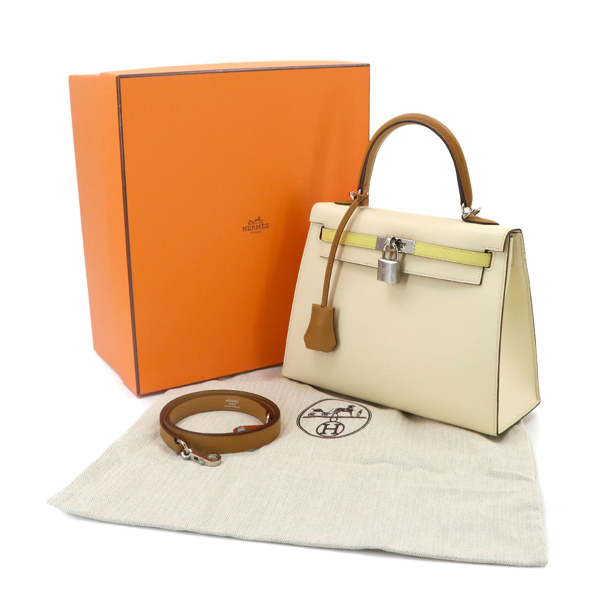 Kelly 25 Epsom Nata Jaune Poussin Sesami Hand Shoulder Bag