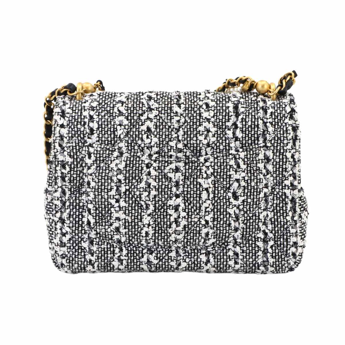 2way Chain Hand Shoulder Bag Tweed Leather White Black AS4384