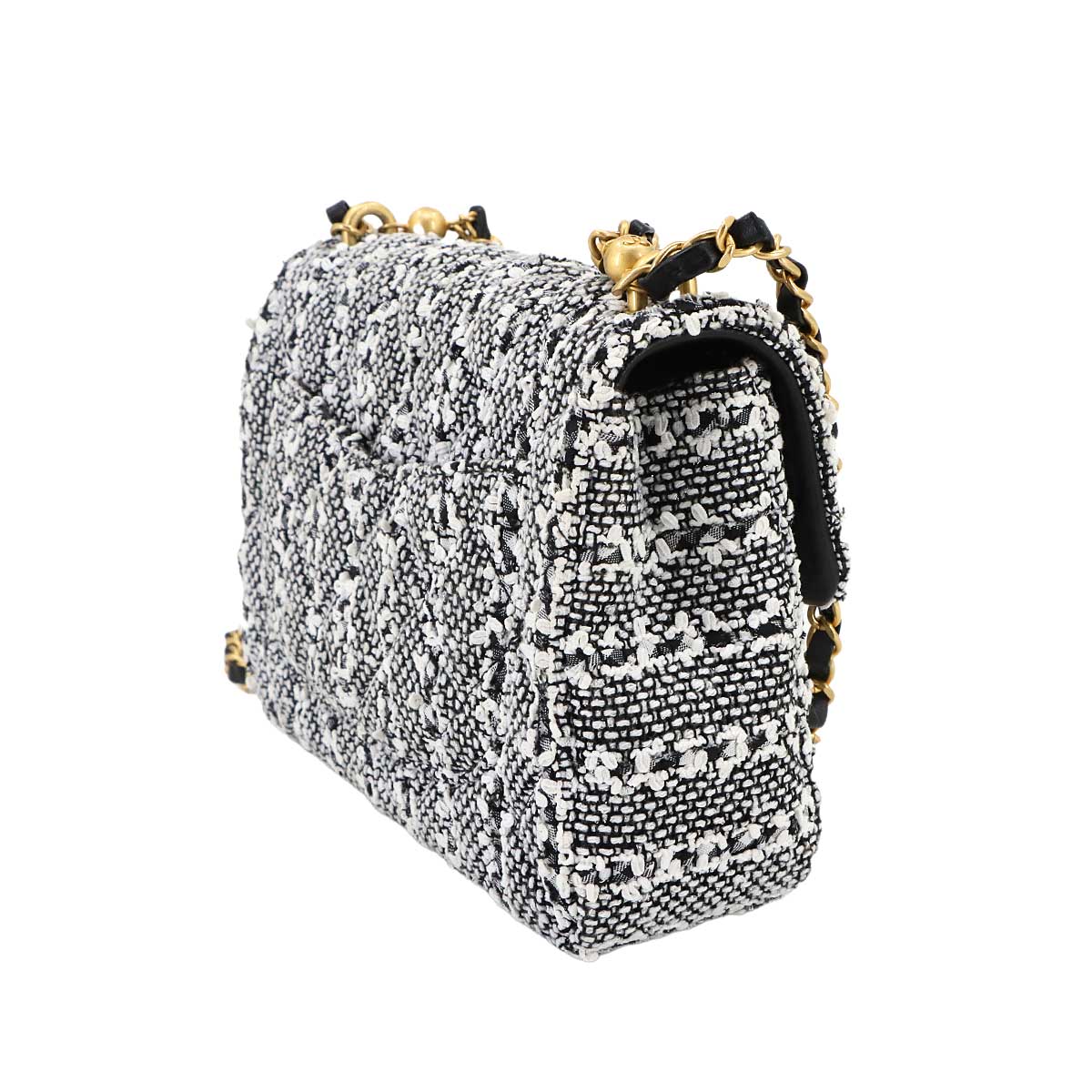 2way Chain Hand Shoulder Bag Tweed Leather White Black AS4384