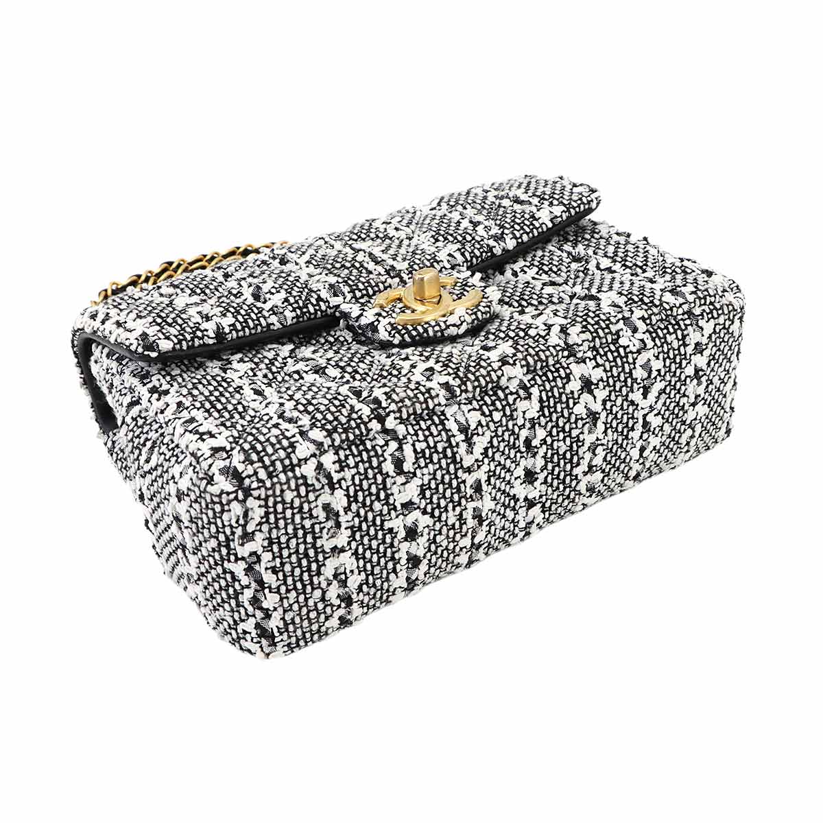 2way Chain Hand Shoulder Bag Tweed Leather White Black AS4384
